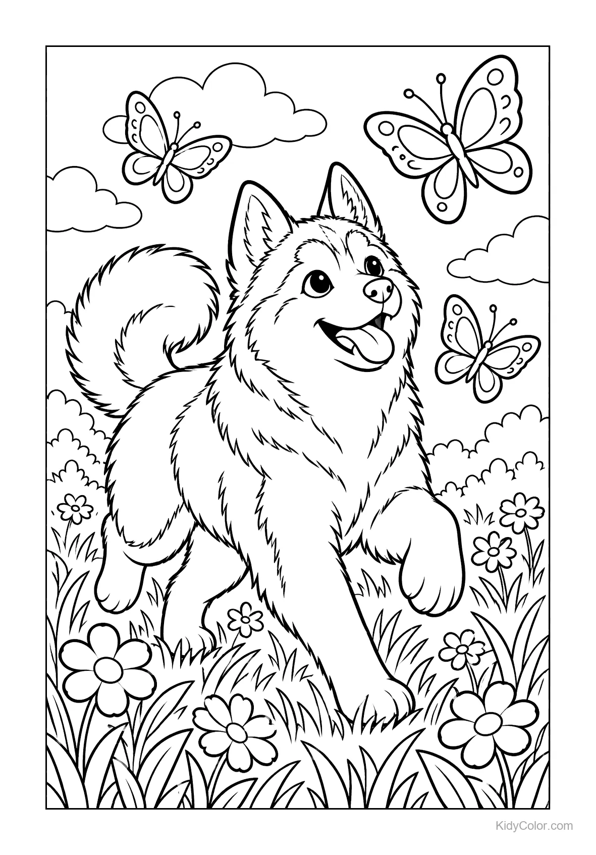 A husky chasing three butterflies in a flower-filled field with clouds.
