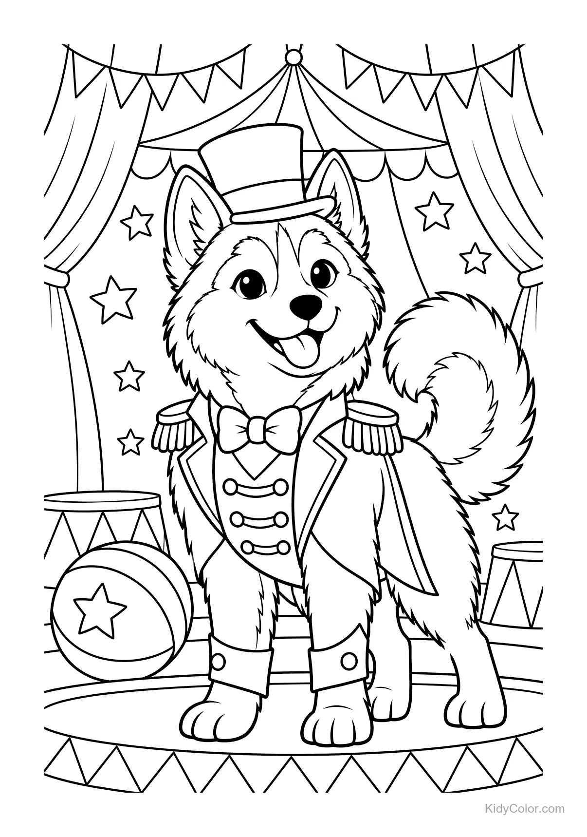 Husky dressed as a circus ringmaster with a top hat.