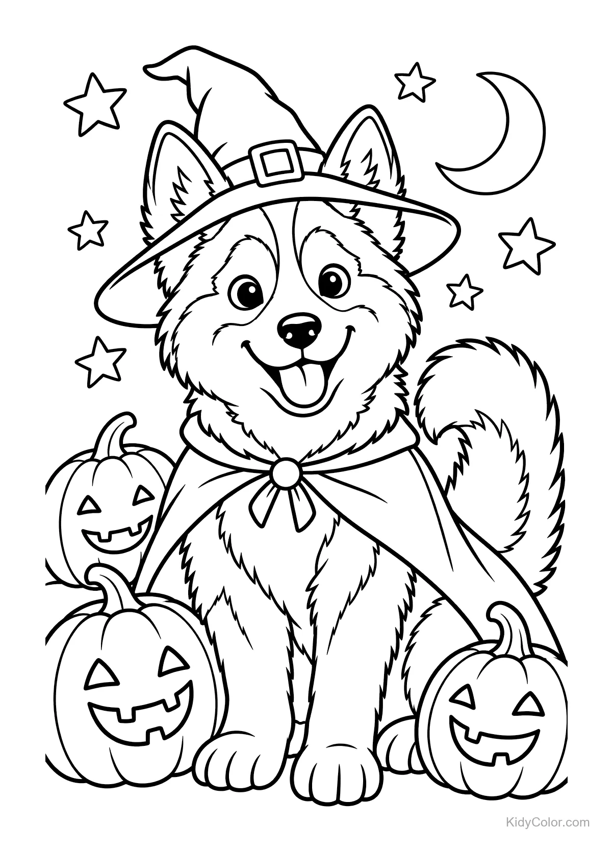 A husky dressed as a witch with Halloween pumpkins and stars.