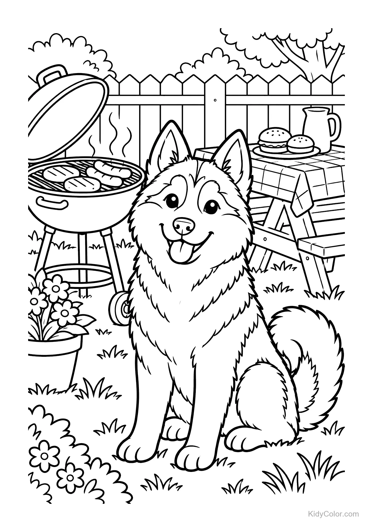 Husky sibérien assis près d'un barbecue avec table de pique-nique.