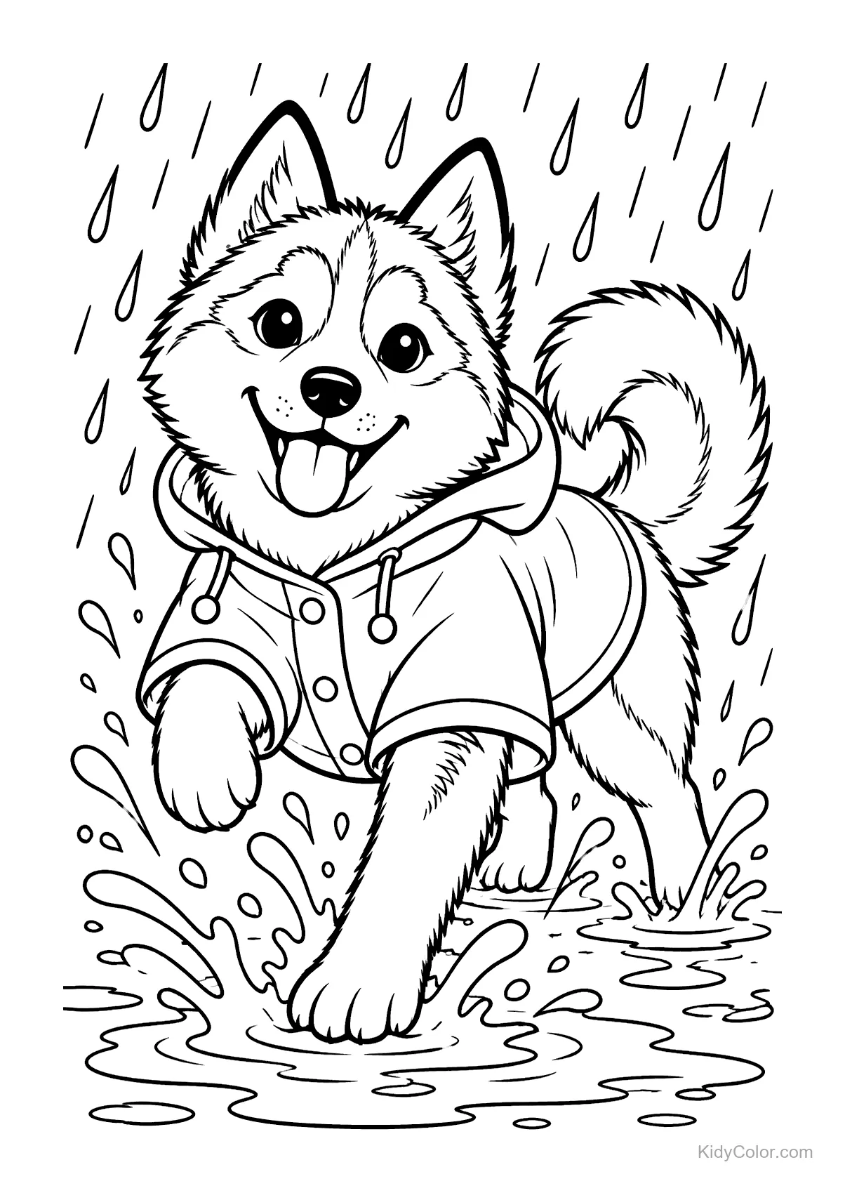 Husky in a raincoat playing in a puddle under falling rain.