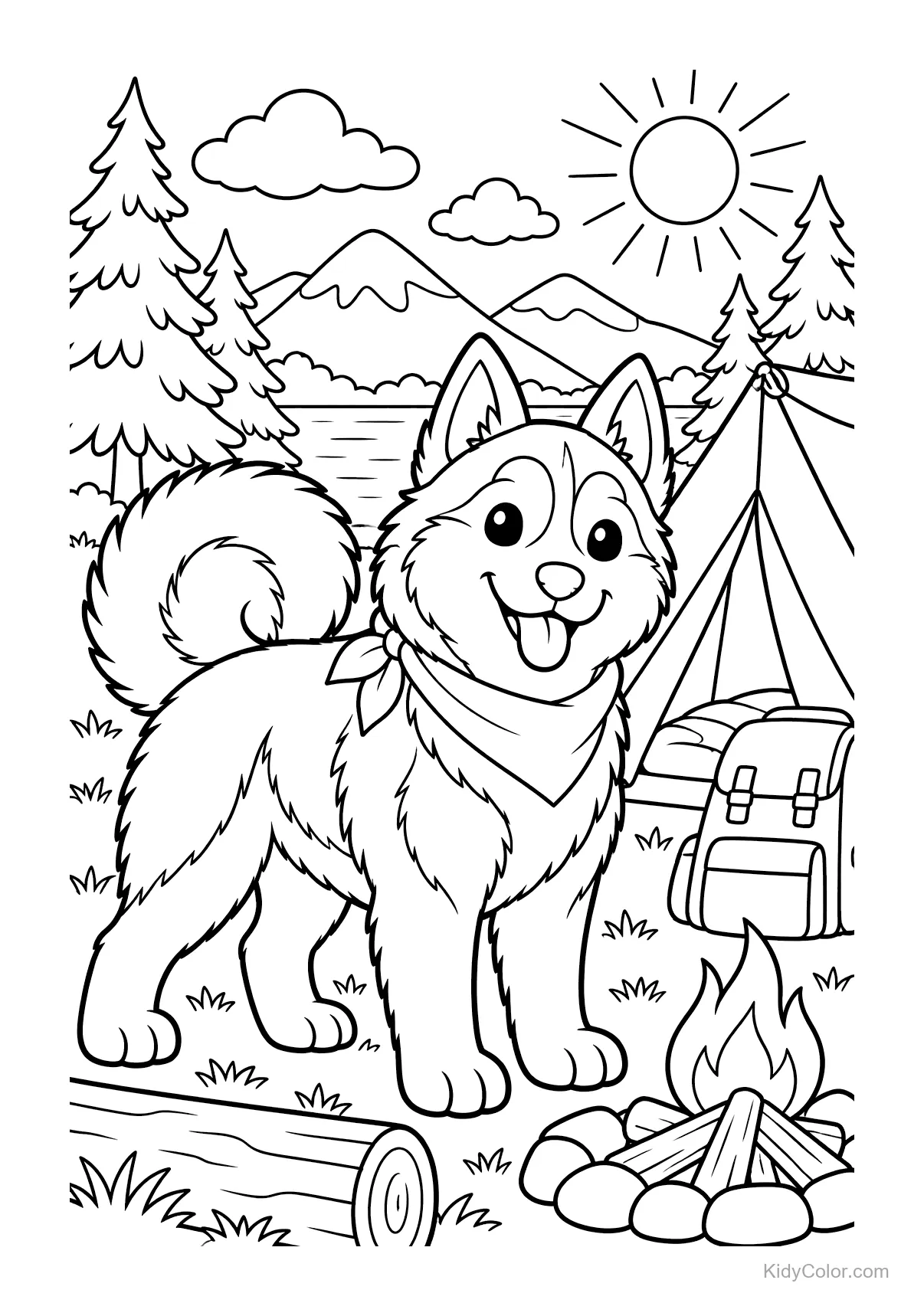 Husky steht neben Zelt und Lagerfeuer mit Bergen im Hintergrund.