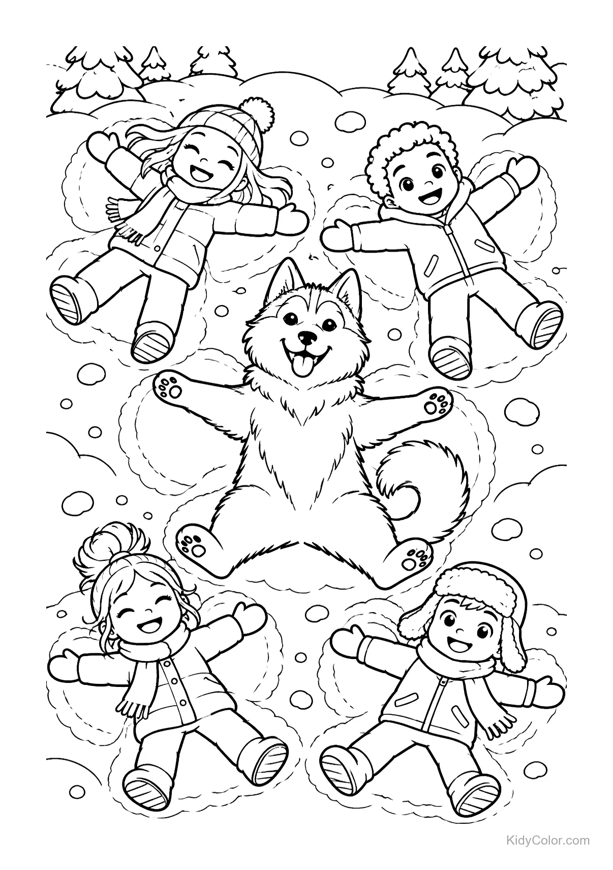 Husky e quattro bambini che fanno angeli di neve insieme.