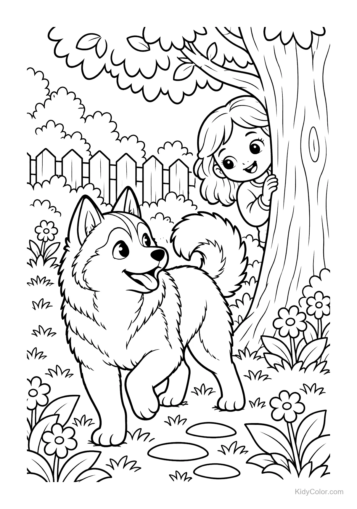 Husky dog playing hide-and-seek with a child behind a tree.