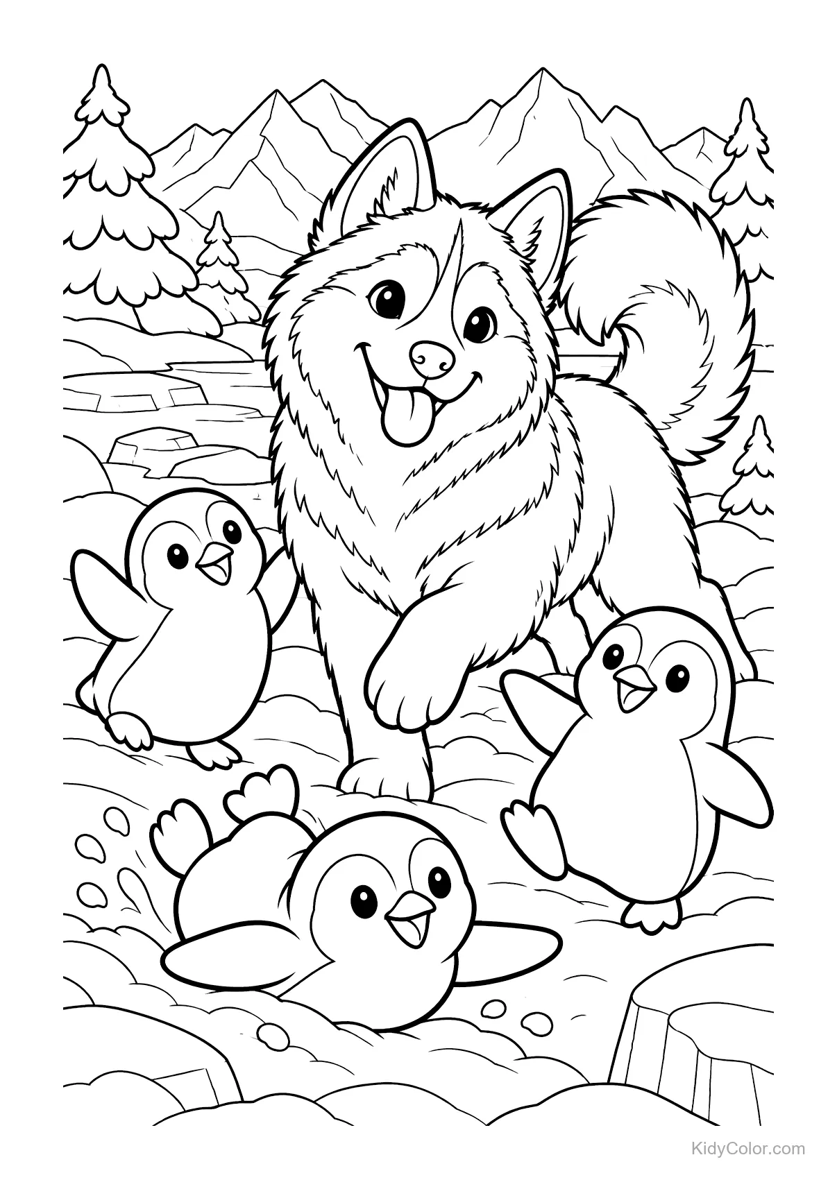A husky playing with three penguins in the snow.
