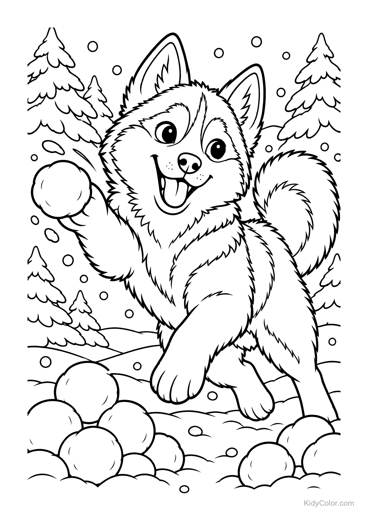 Husky wirft Schneebälle in einer verschneiten Landschaft mit Bäumen.