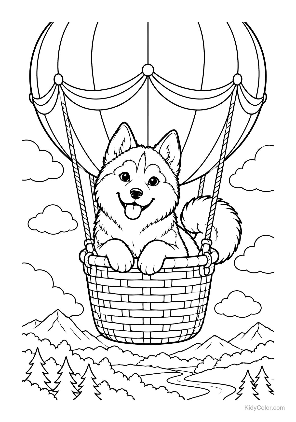 Un husky assis dans une nacelle de montgolfière au-dessus des montagnes.