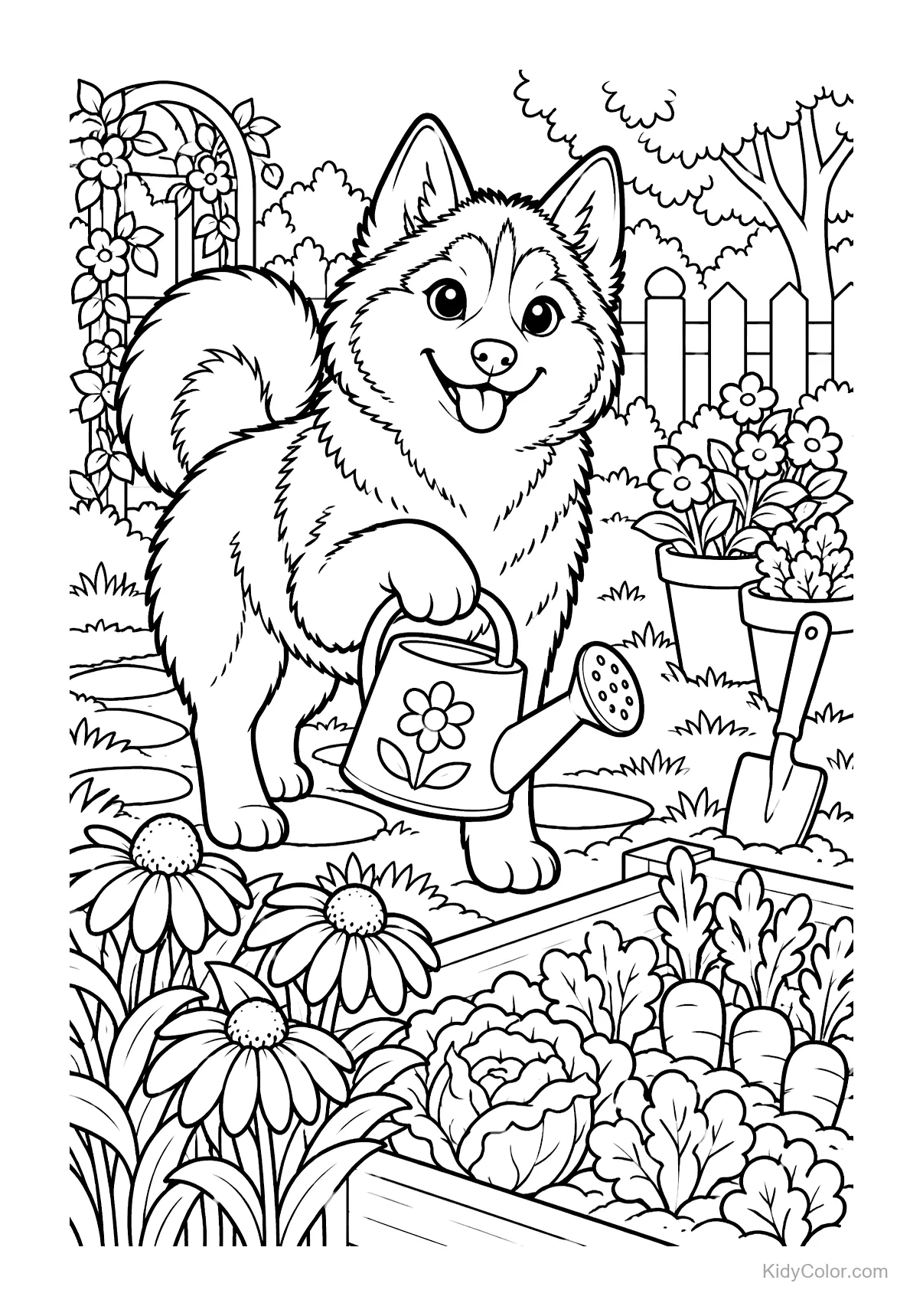 Een husky met een gieter in een tuin vol bloemen en groenten.