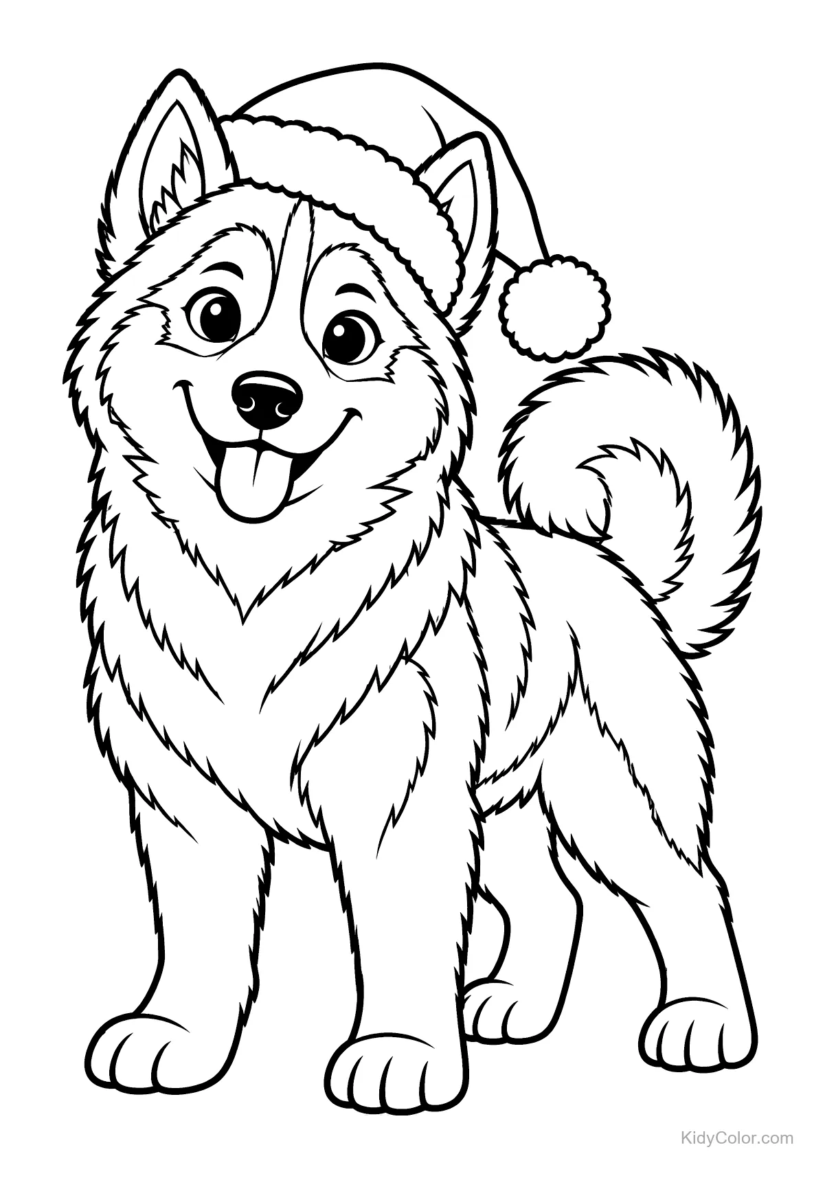 Lächelnder Siberian Husky mit Weihnachtsmütze.