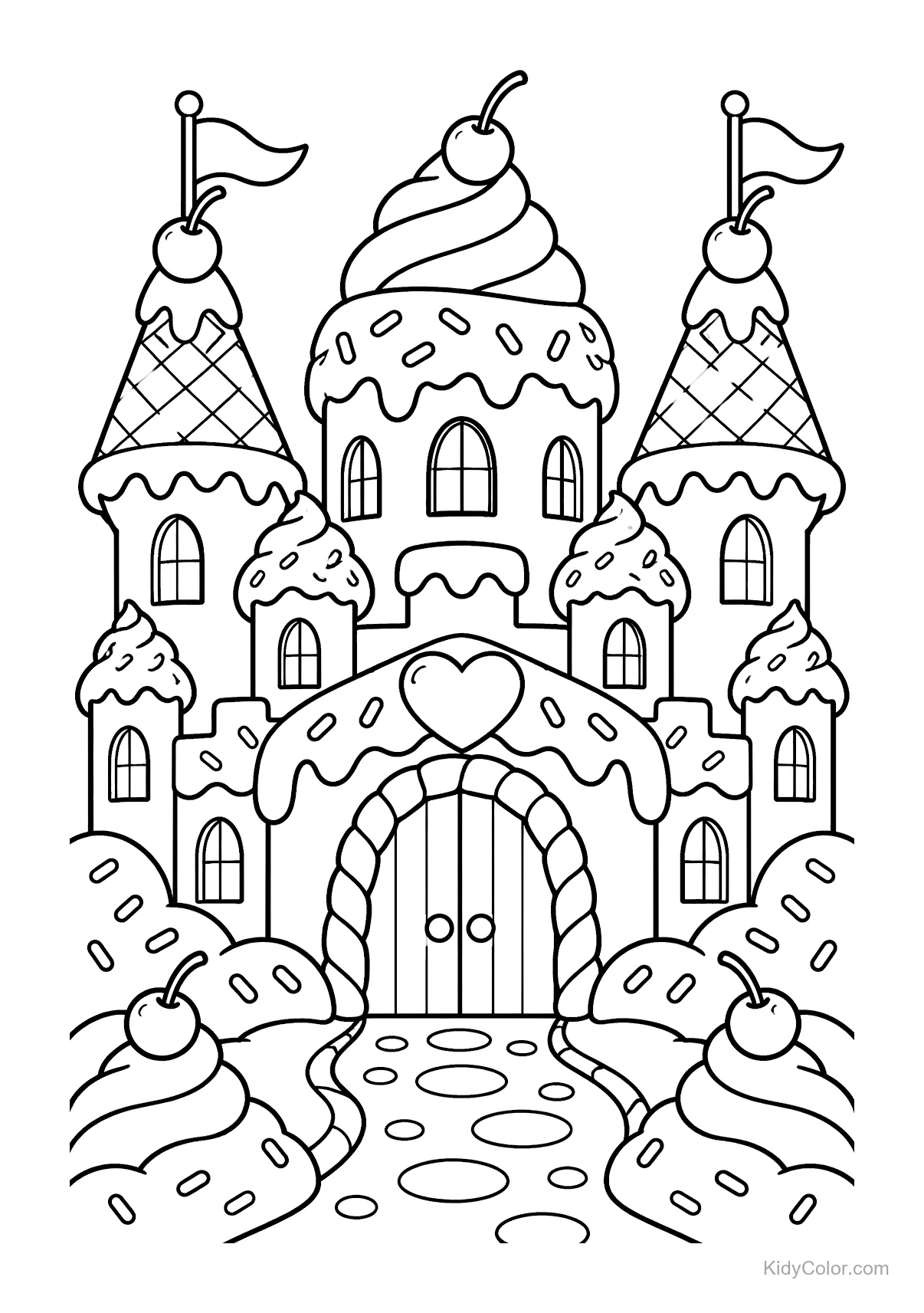 Castelo de sorvete com cerejas e entrada em forma de coração.