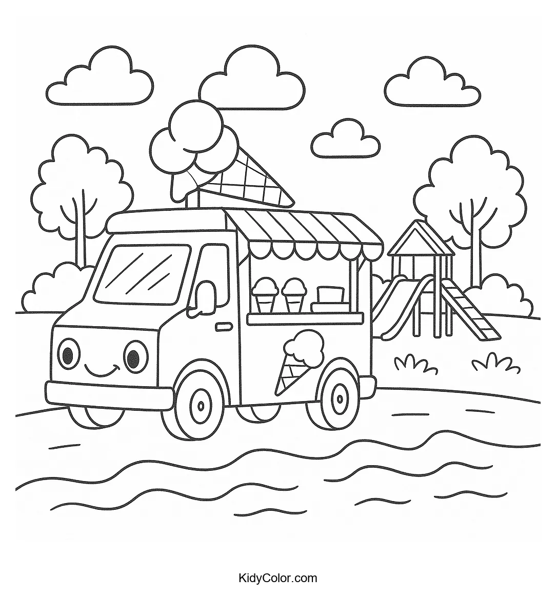 Ice cream truck near playground coloring page