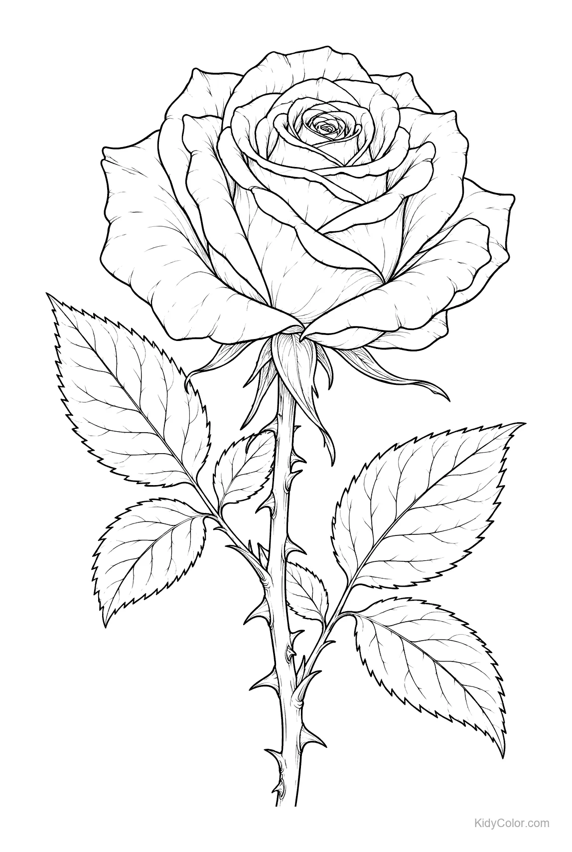 Intricate line art of a rose with a detailed stem and leaves.