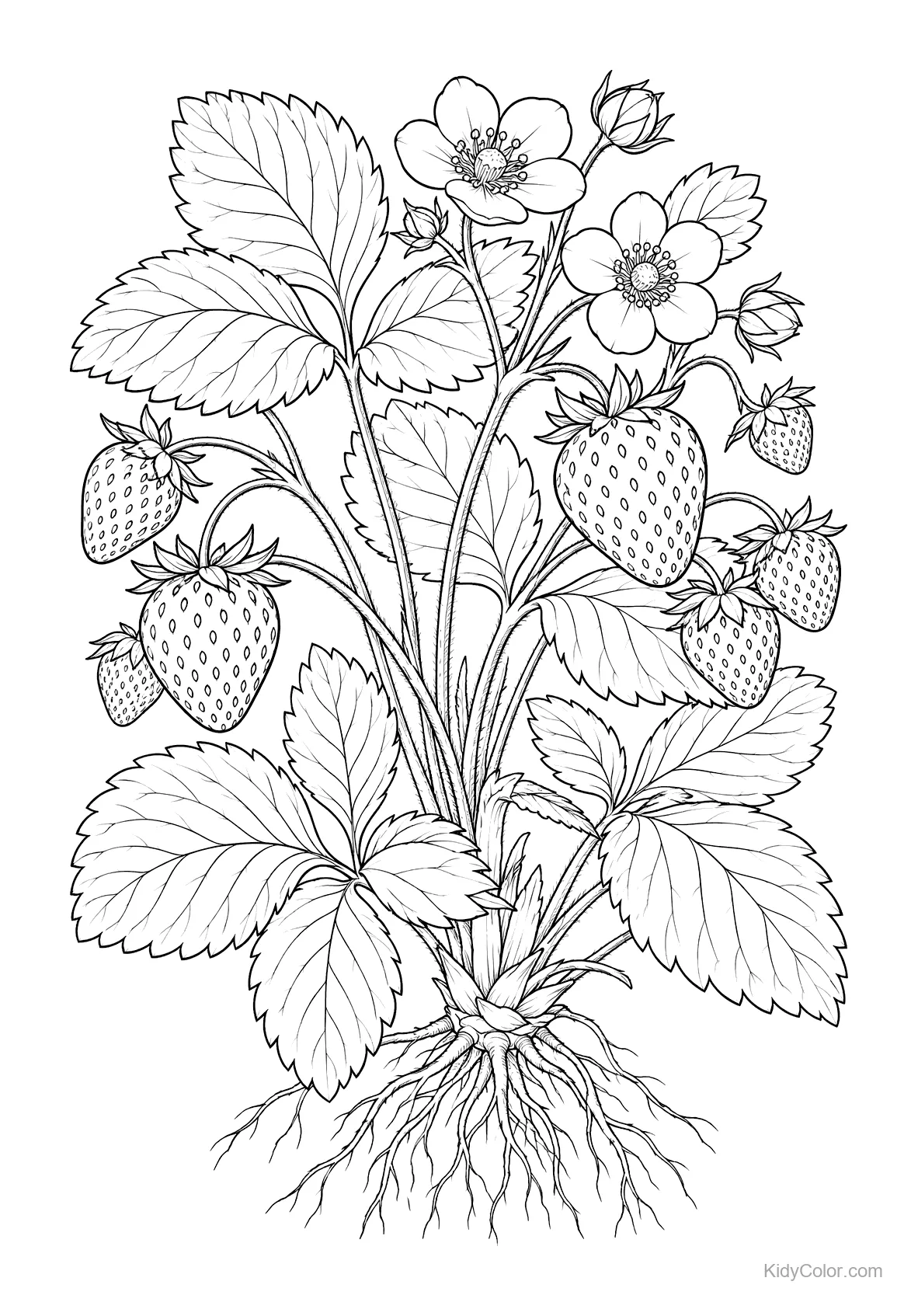 Intricate drawing of a strawberry plant with flowers and fruit.