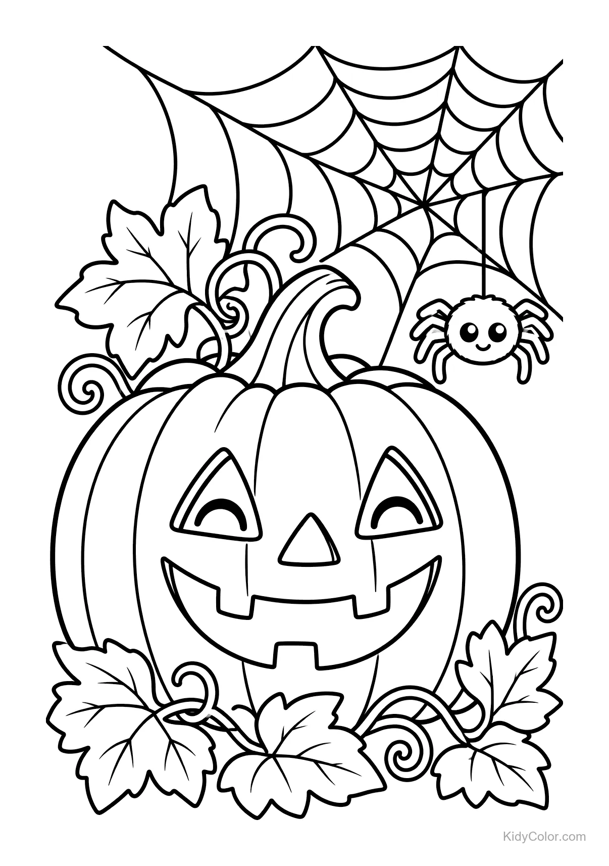 Cheerful jack-o’-lantern with spider web and leaves.