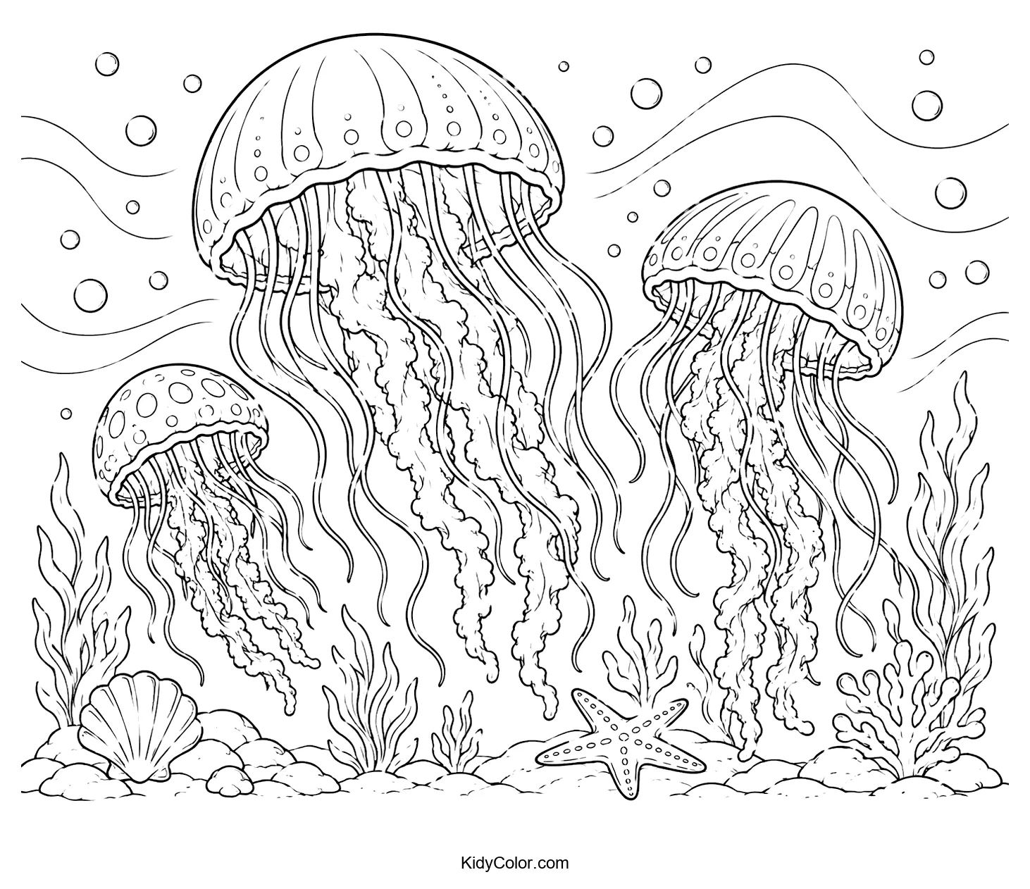 Jellyfish float in an ocean scene with seaweed and a starfish.