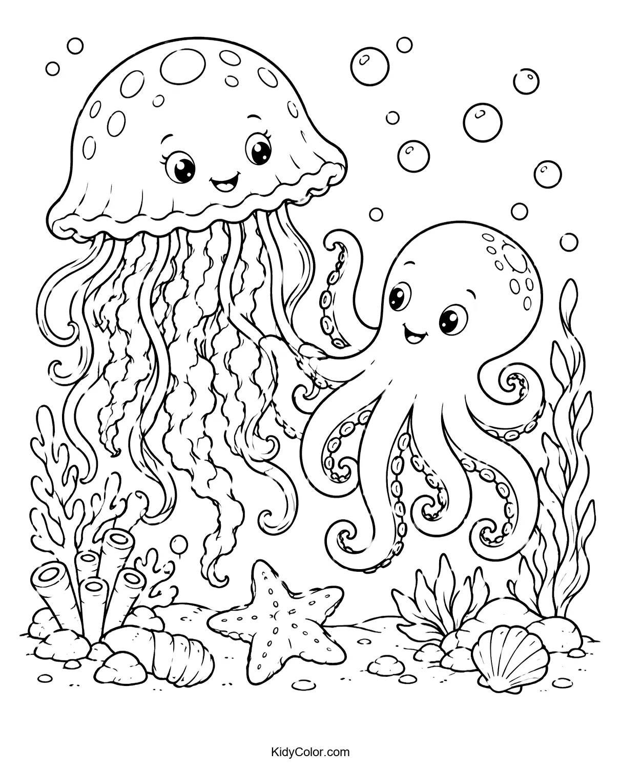 A jellyfish and an octopus, smiling and holding tentacles underwater.