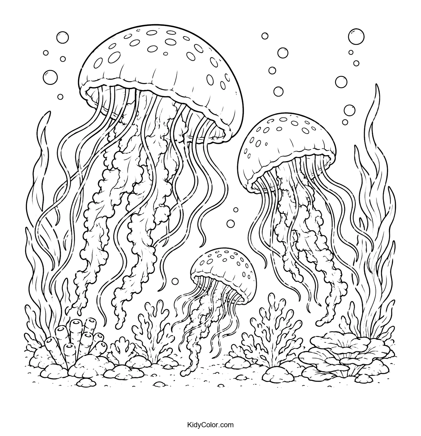 Jellyfish floating among sea plants underwater.