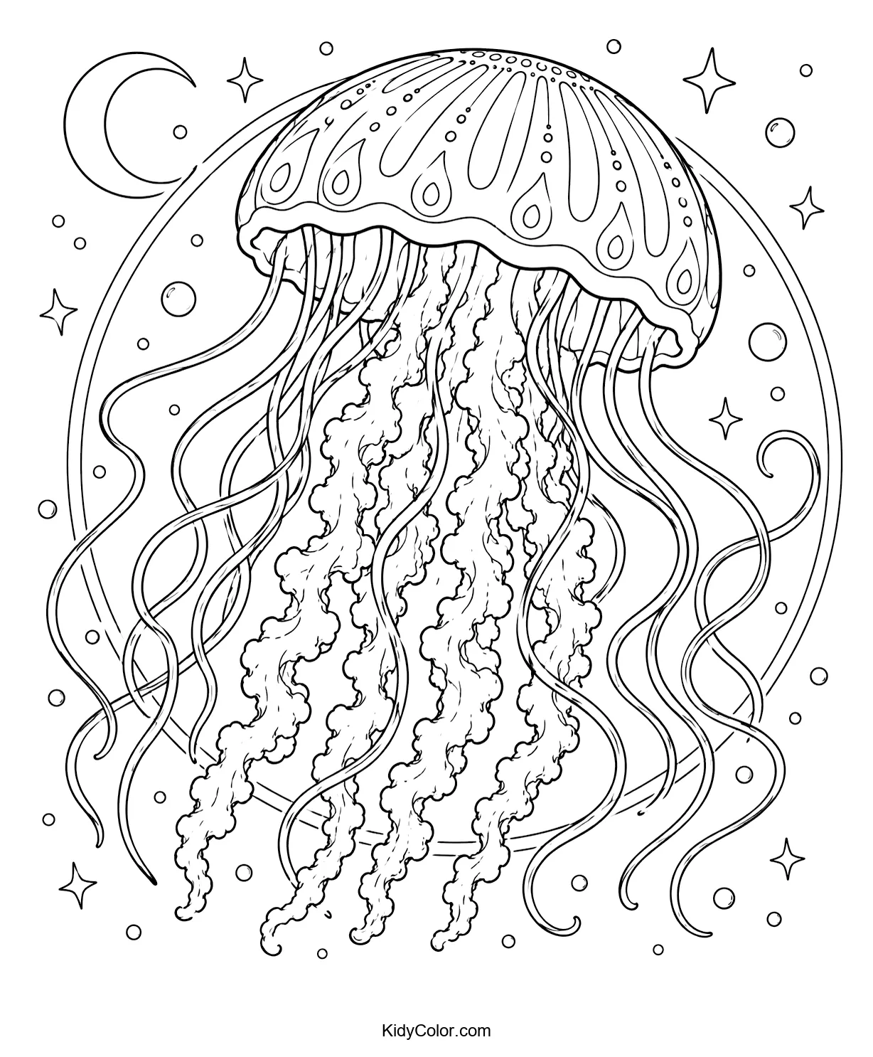 Jellyfish with long tentacles surrounded by stars and bubbles.