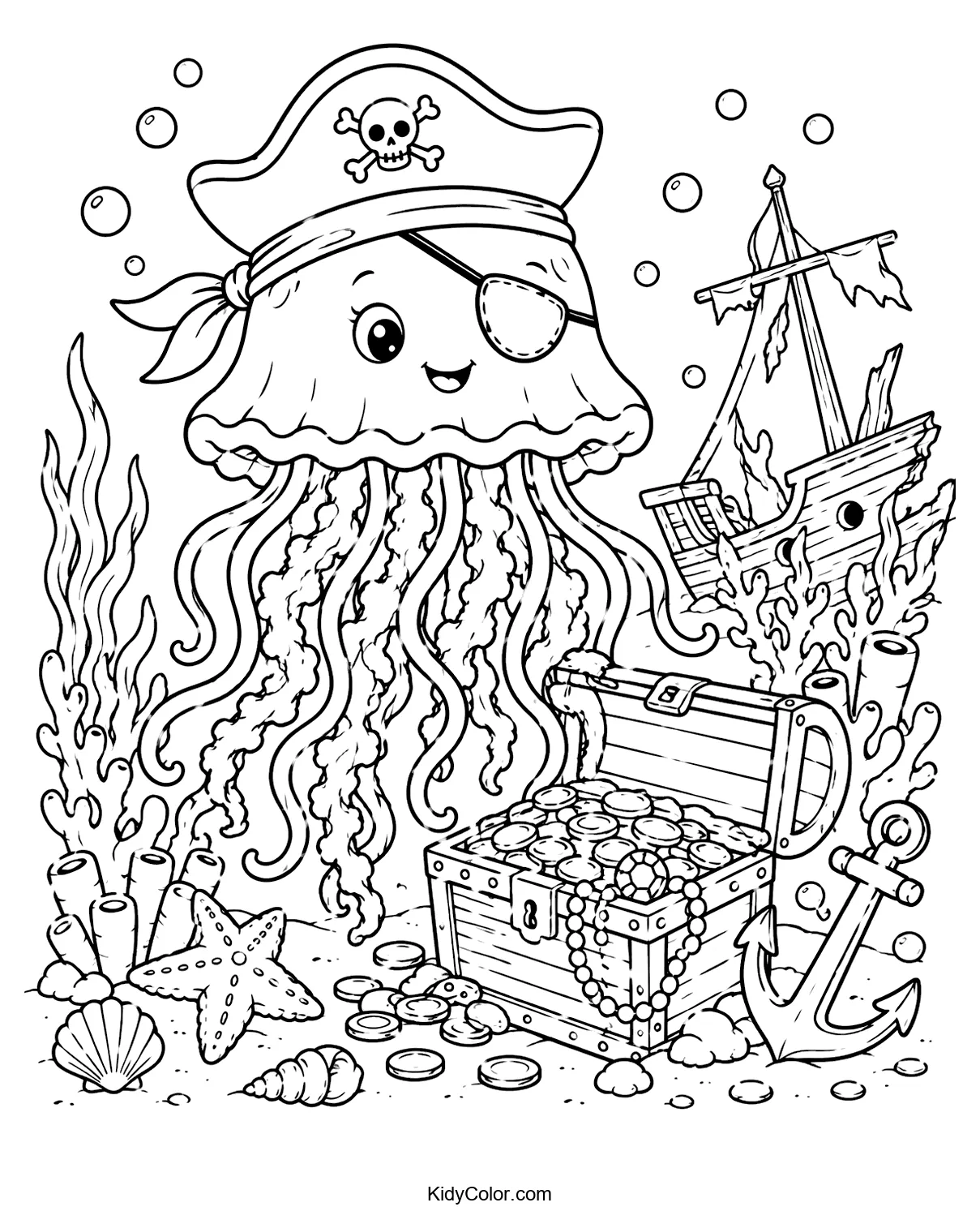 Jellyfish with pirate hat and eye patch next to treasure chest and shipwreck.