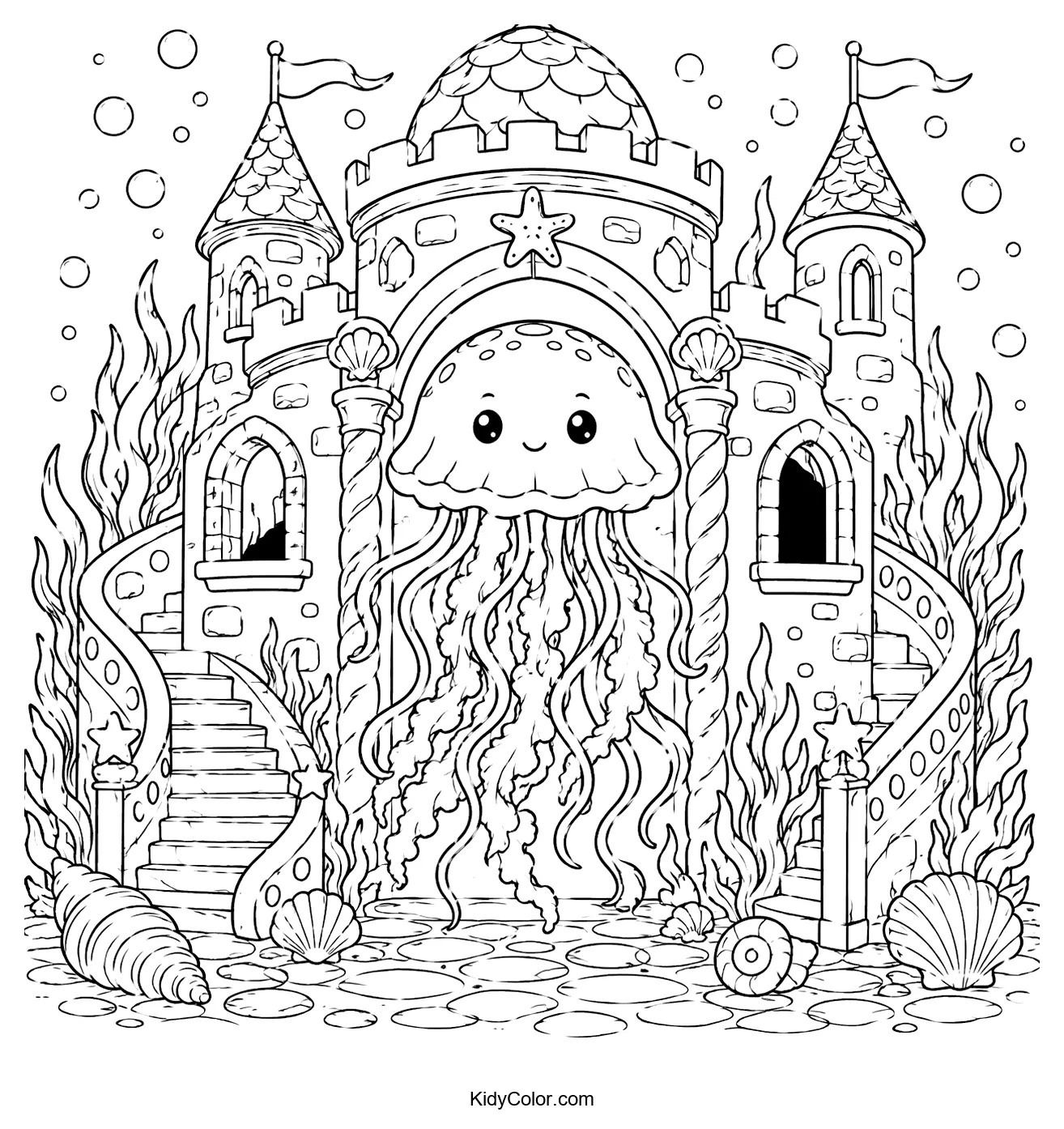 A jellyfish near an underwater castle with seaweed and shells.