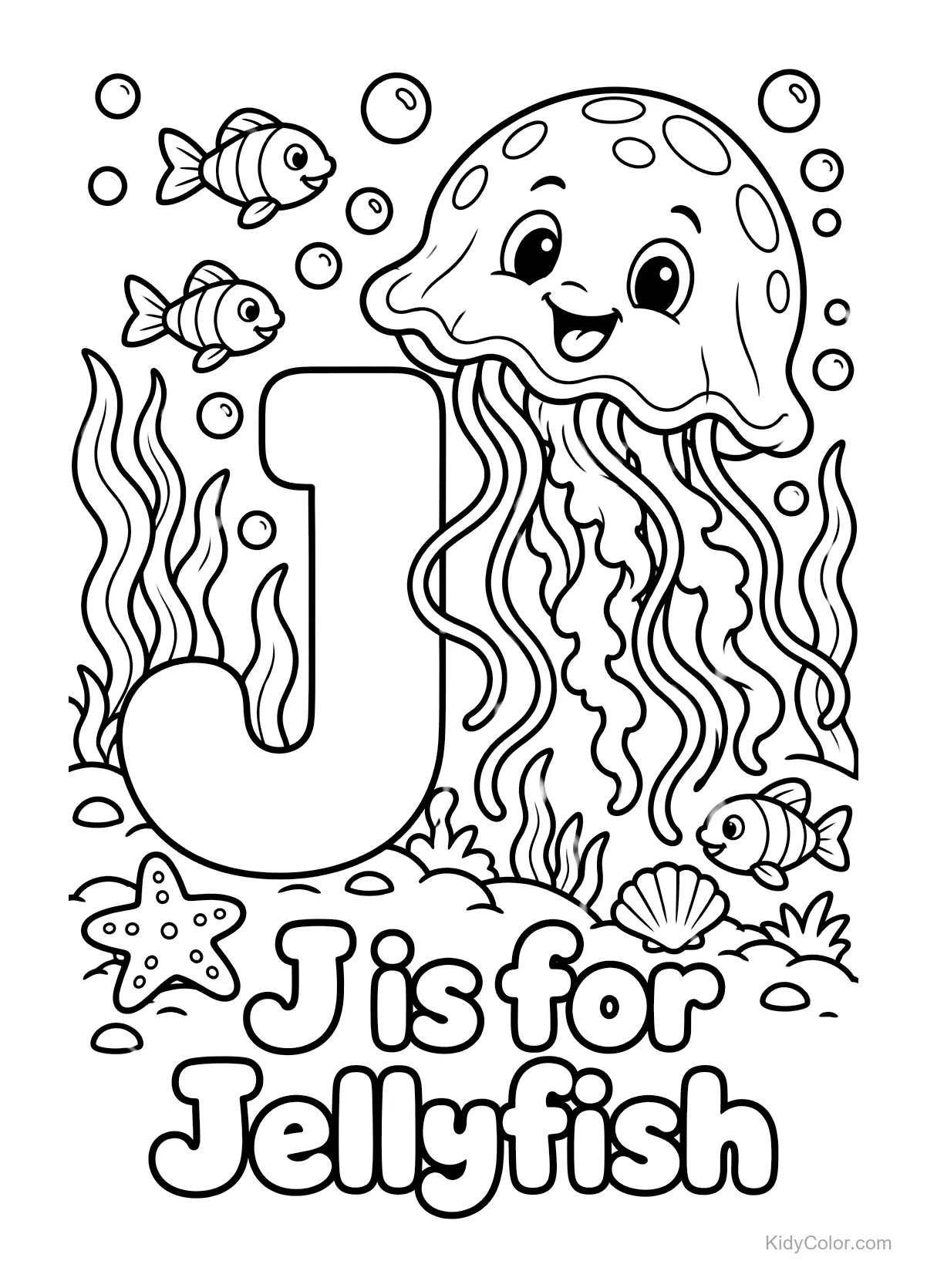 Jellyfish and letter 'J' in underwater scene with fish and plants.
