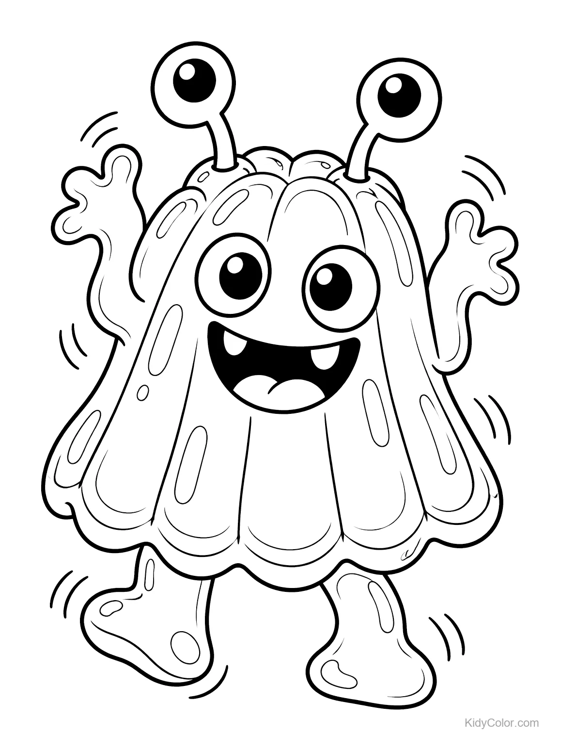 Monstruo de gelatina con ojos grandes y sonrisa amplia bailando.