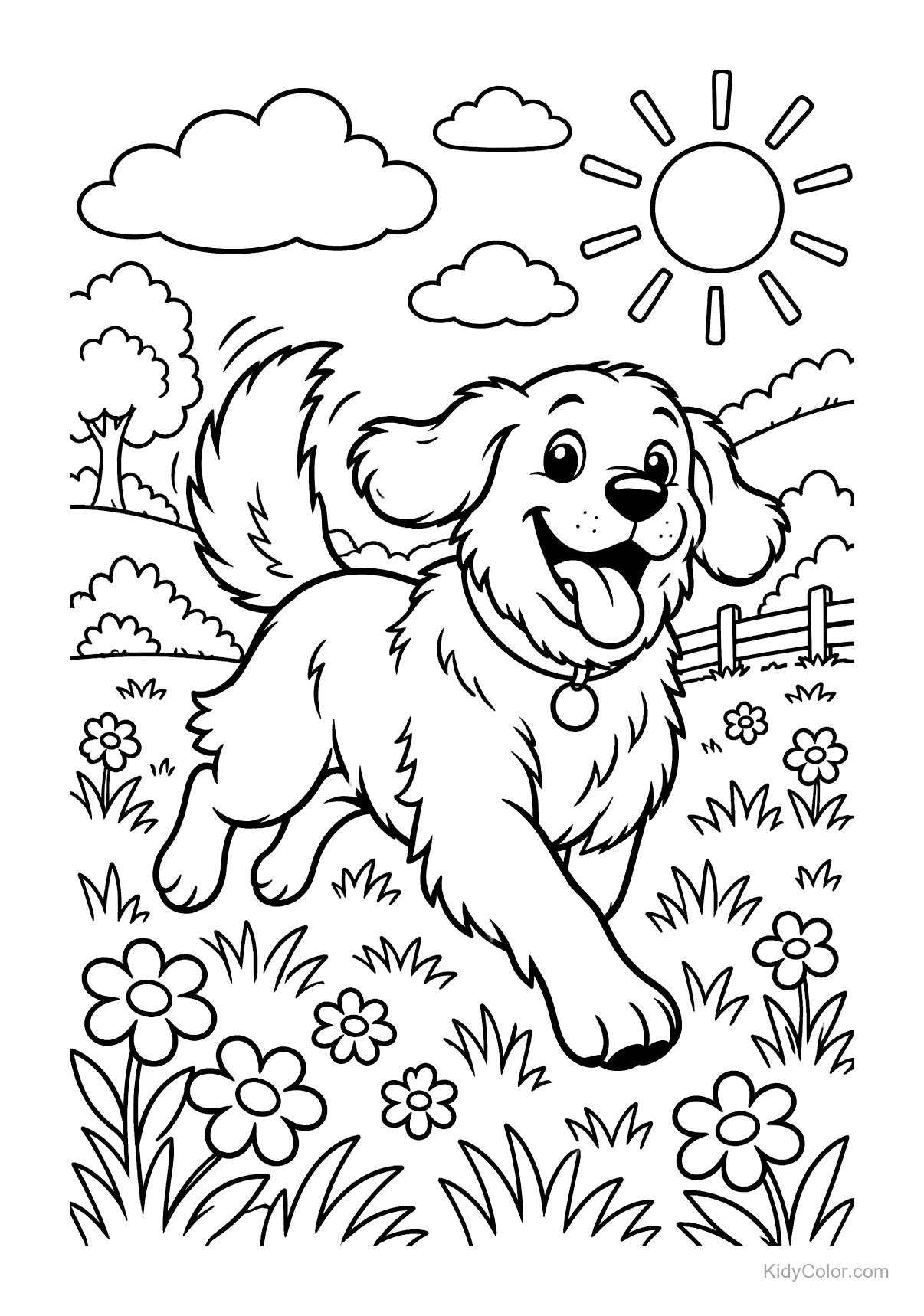 Happy dog leaping through a flower-filled meadow with the sun shining above.