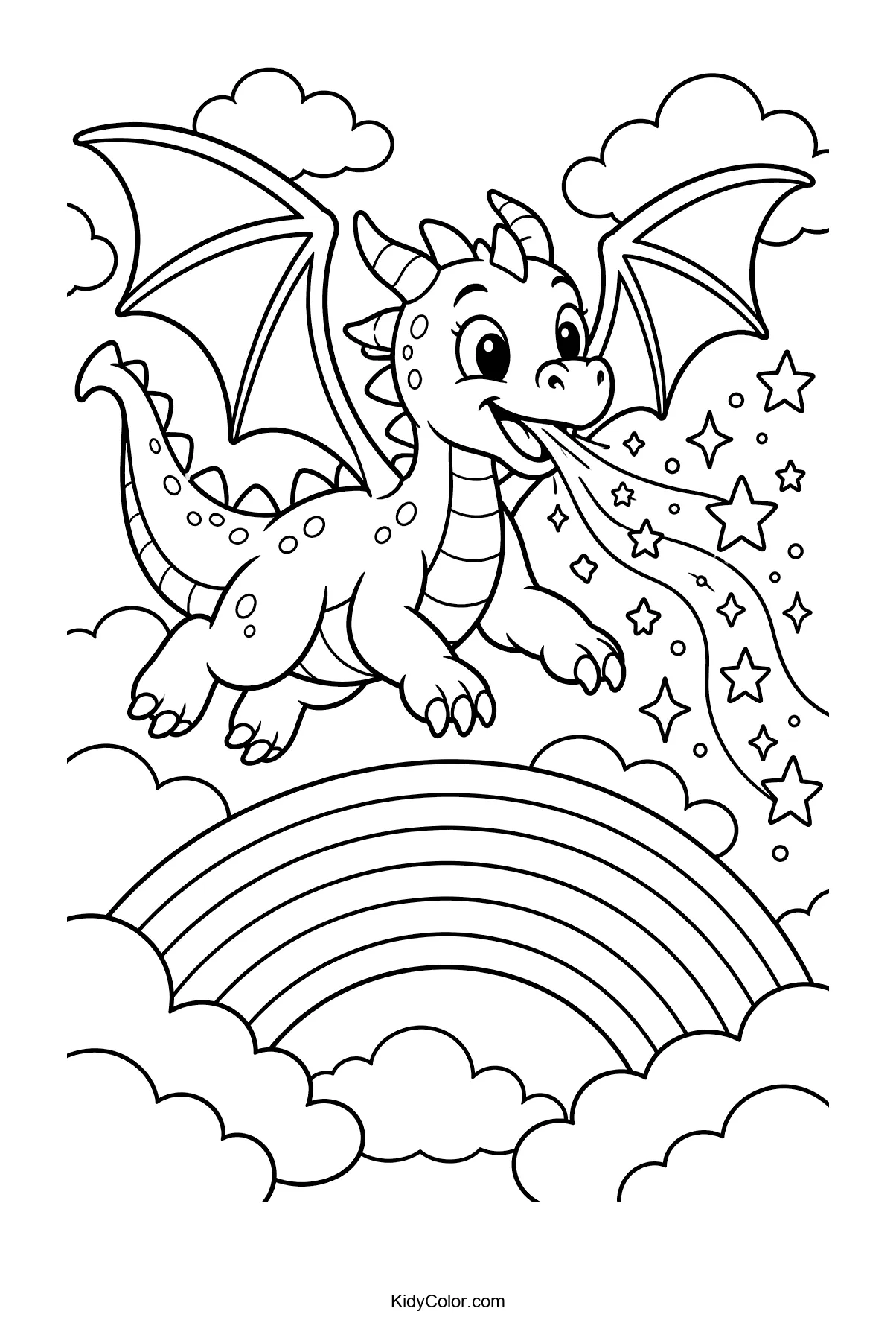 A happy dragon flying over a rainbow and breathing stars.