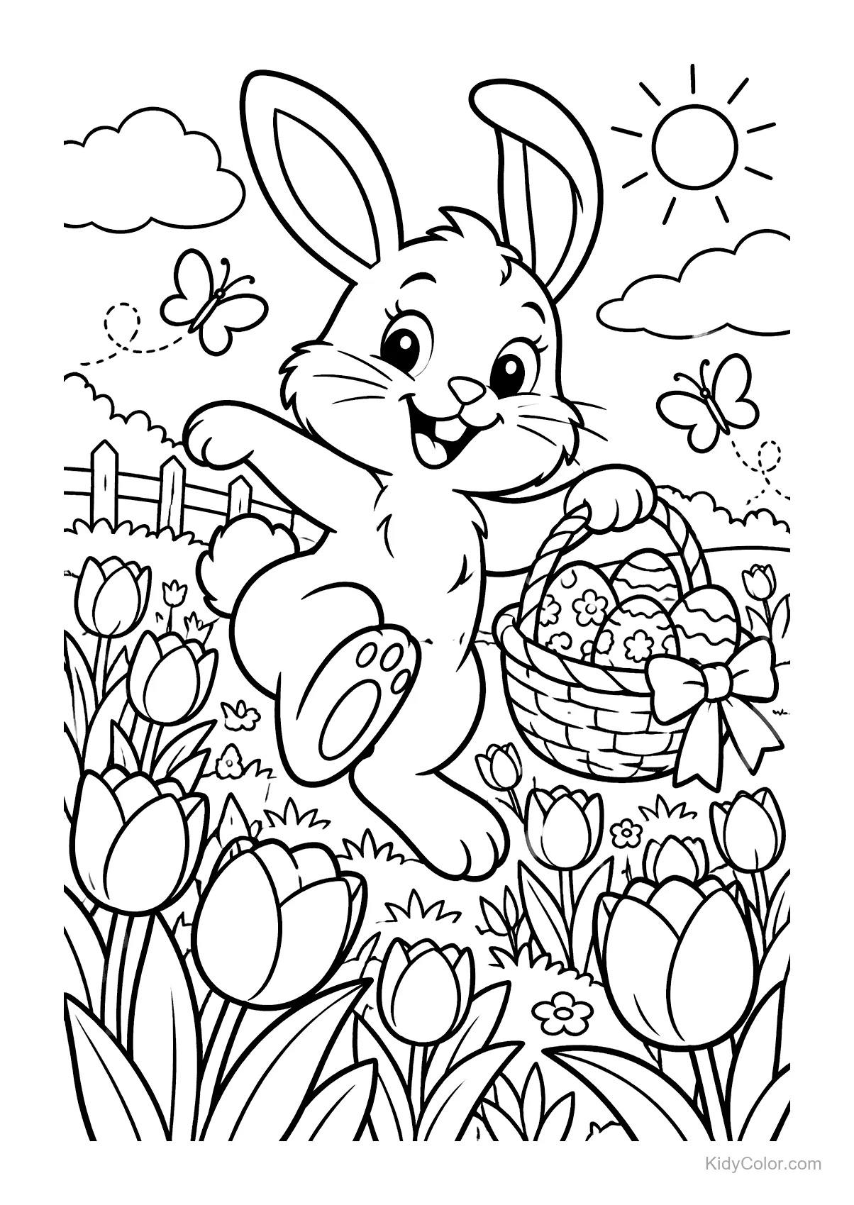 Cheerful bunny with Easter basket hopping around tulip field.