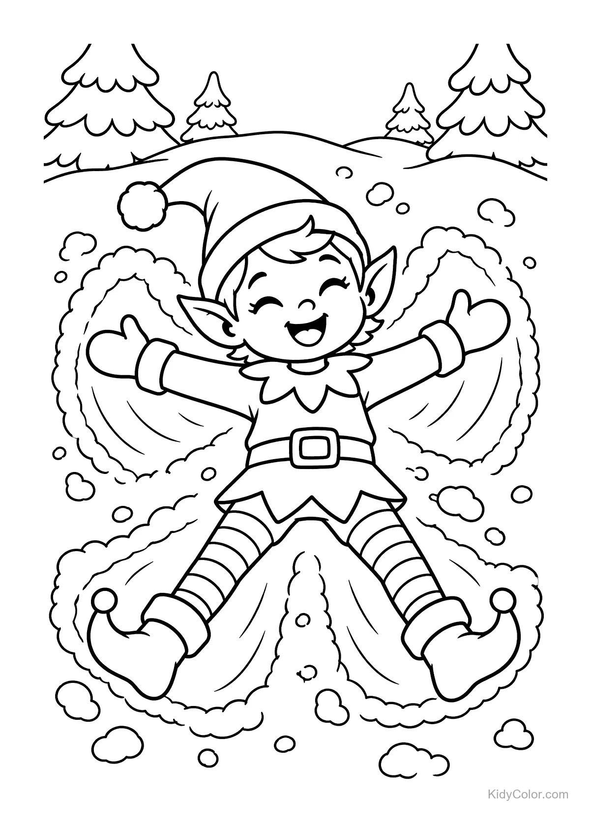 An elf making a snow angel in the snow with trees in the background.