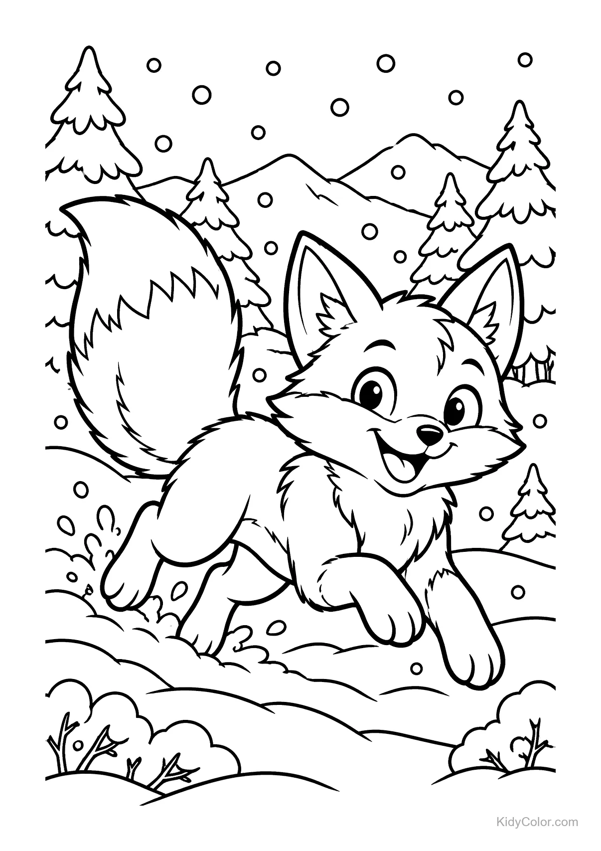 A joyful fox leaping through a snowy forest with trees and snowfall.