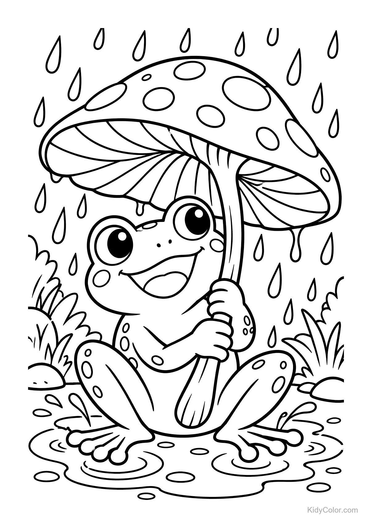 Frog sitting under a mushroom umbrella in the rain.