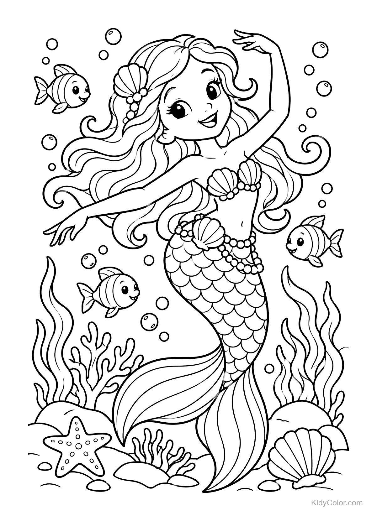 Mermaid swimming with fish, surrounded by coral and seashells.