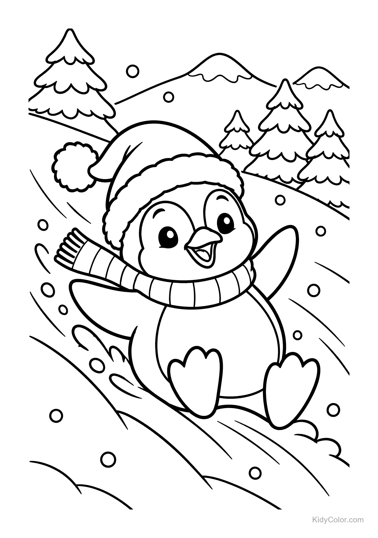 Penguin wearing a scarf and hat sliding down a snowy hill with trees.