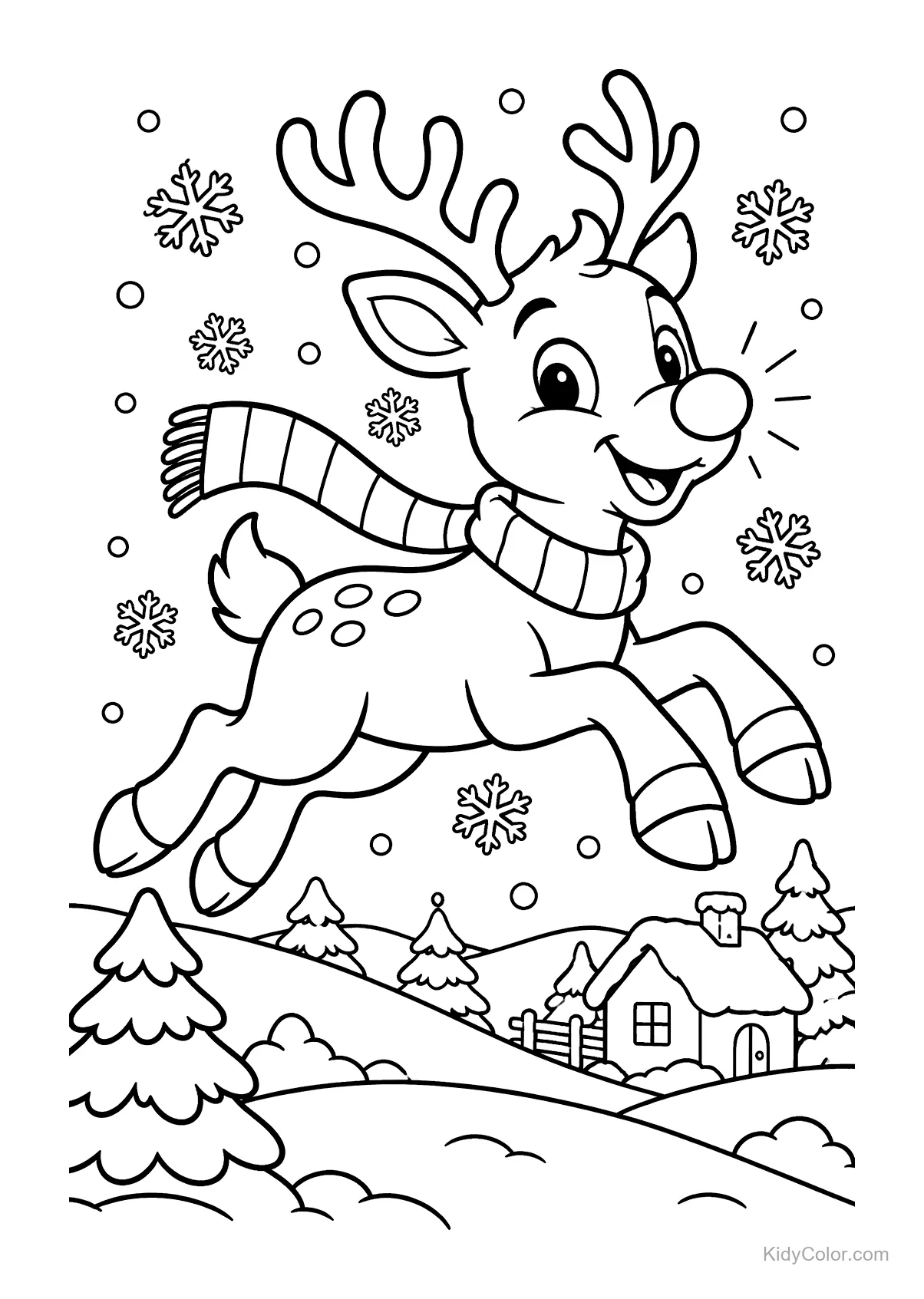 A joyful reindeer with a scarf jumping over a snowy village with trees and snowflakes.