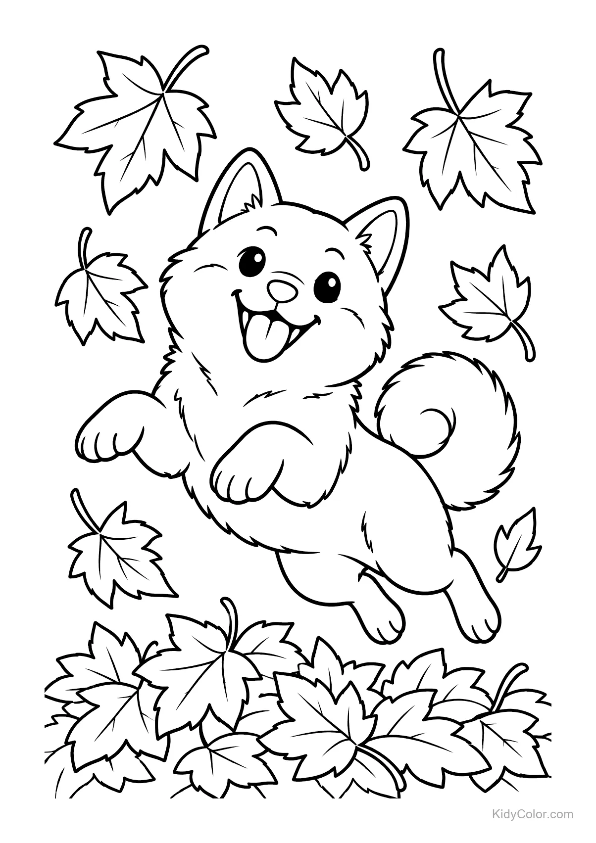 Vrolijke Shiba Inu springt tussen herfstbladeren.