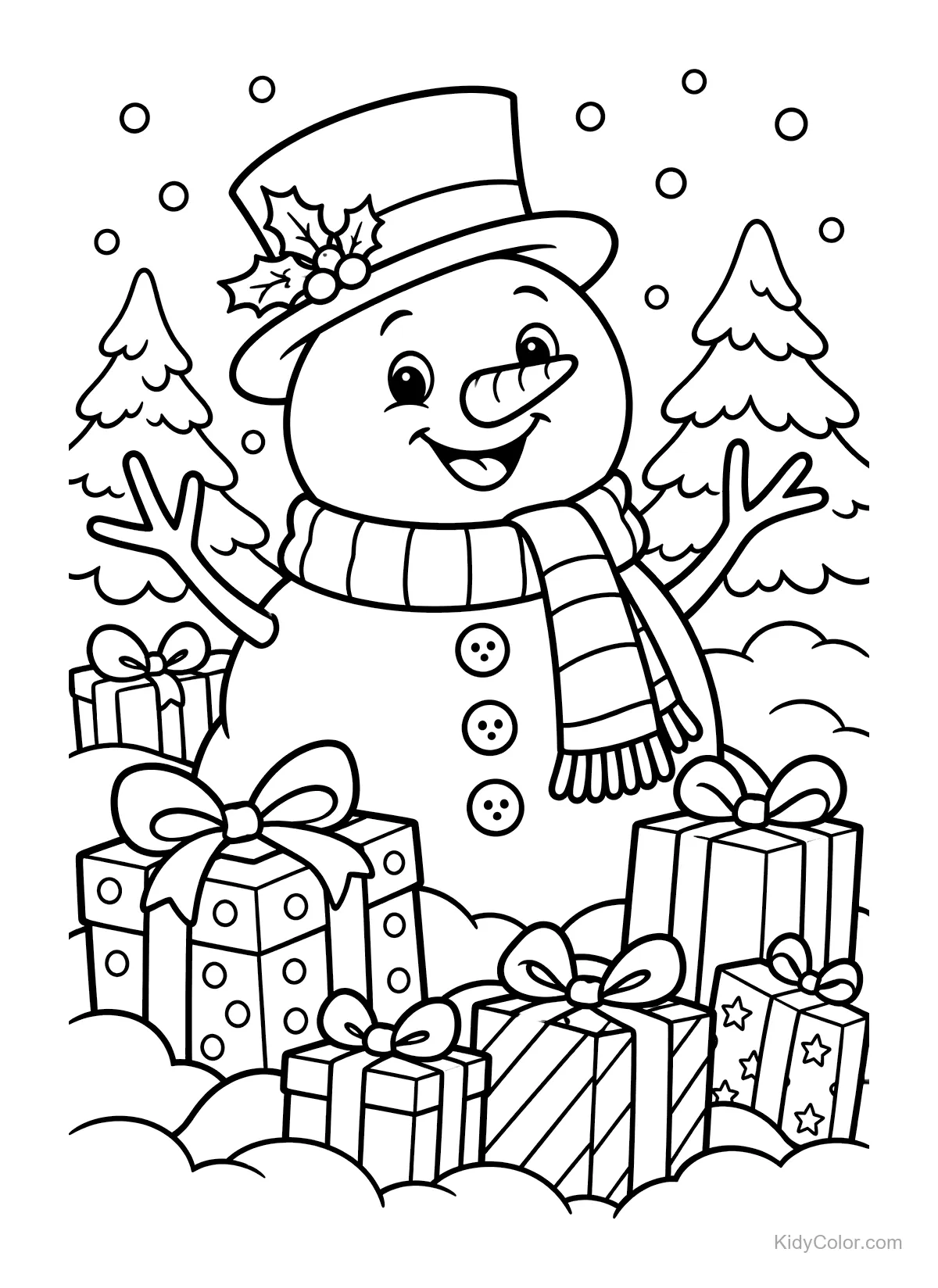 Smiling snowman surrounded by wrapped gifts and snowy trees.