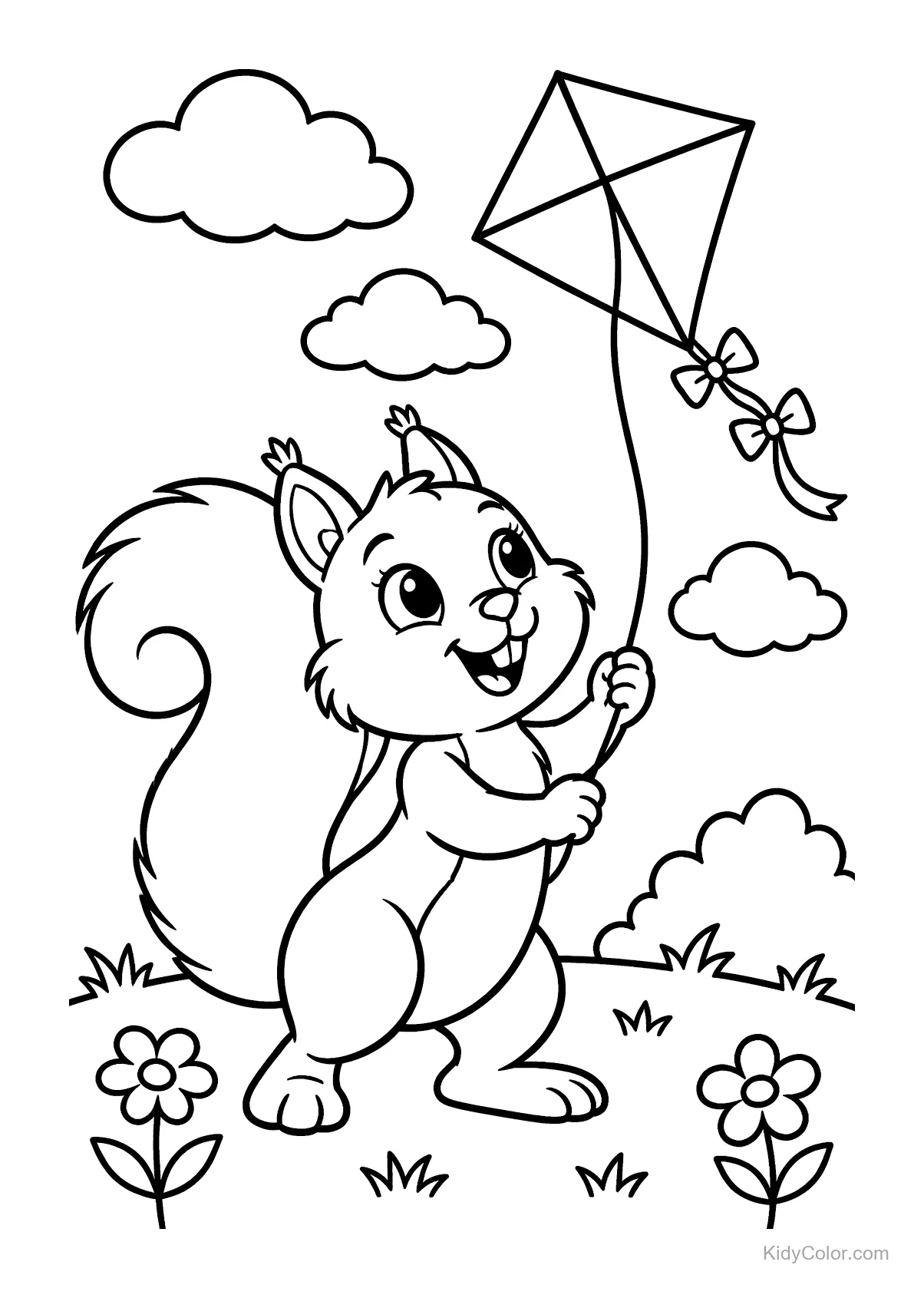 Fröhliches Eichhörnchen fliegt einen Drachen, umgeben von Wolken und Blumen.