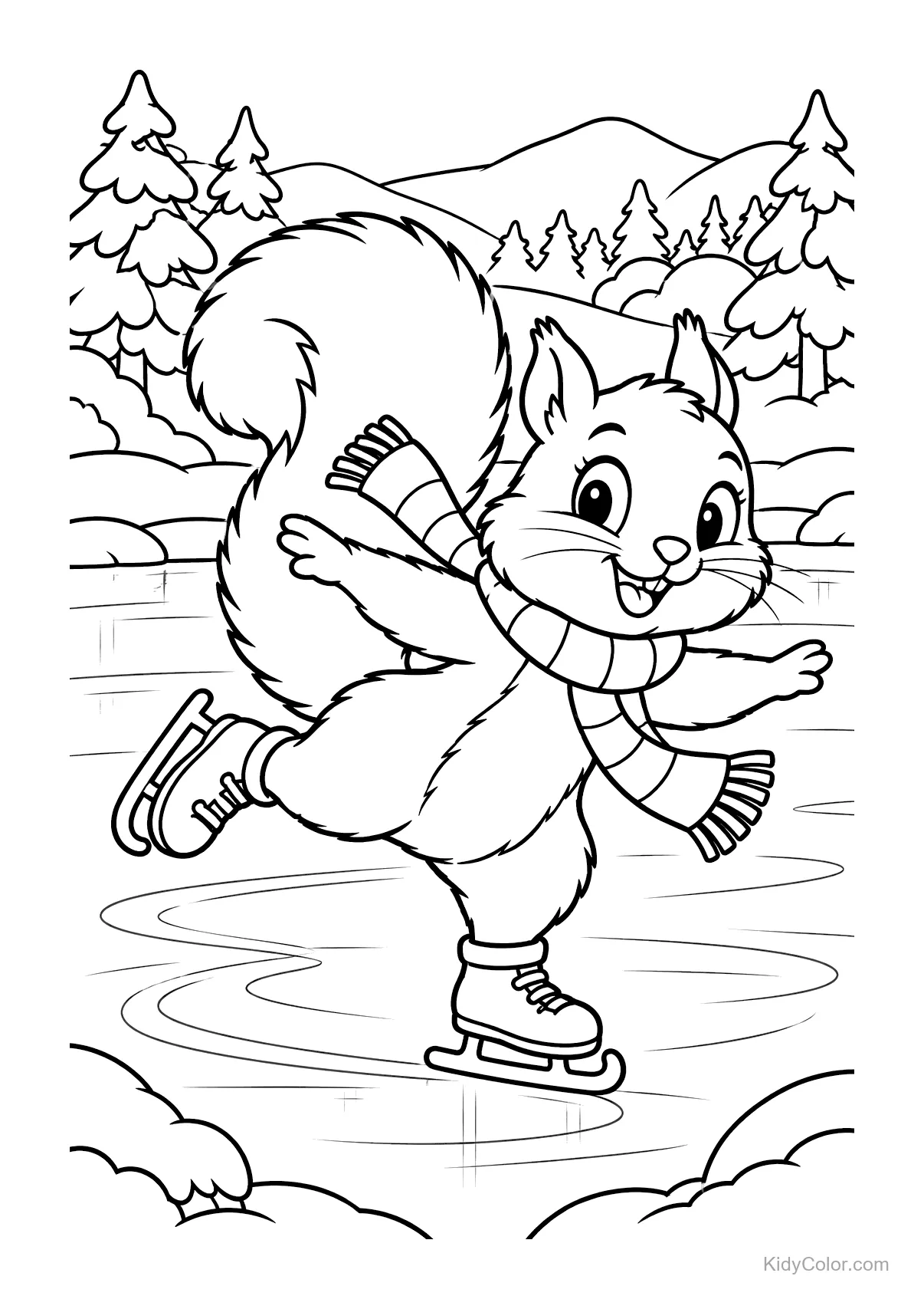 Ein fröhliches Eichhörnchen mit Schal läuft Schlittschuh auf einem Teich.
