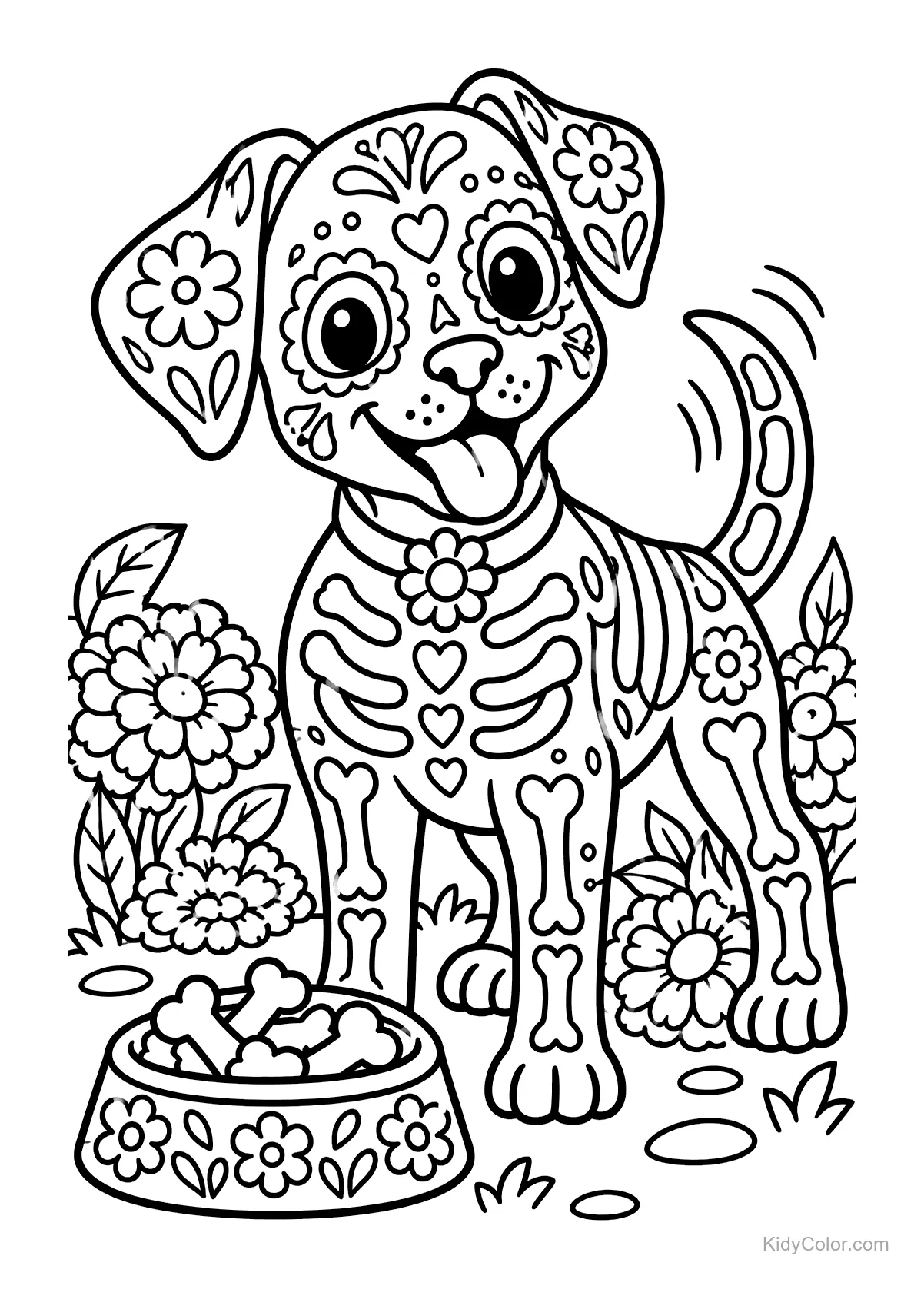 A cheerful sugar-skull puppy among flowers.