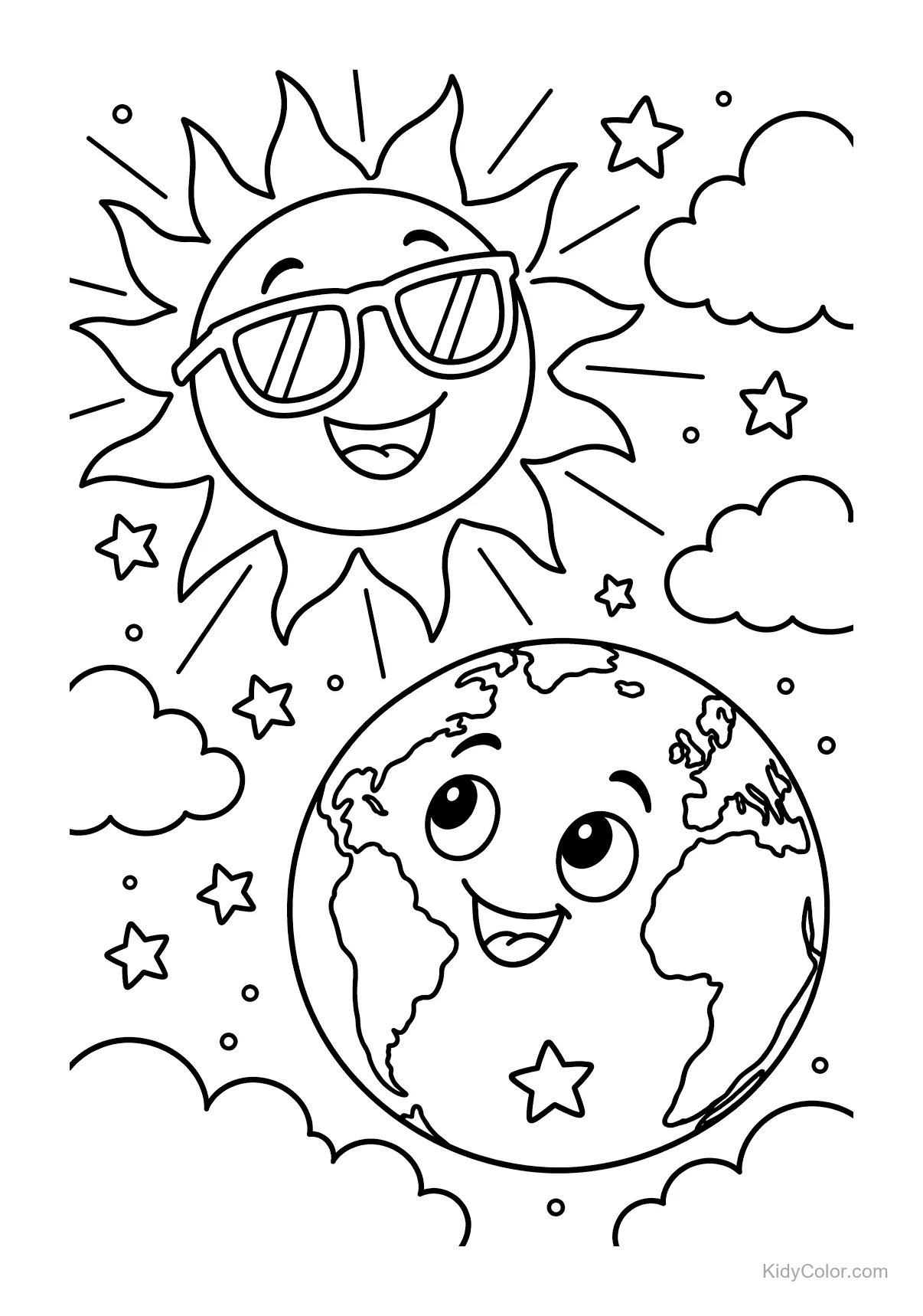 A joyful sun with sunglasses and a smiling Earth in space, with stars and clouds around them.