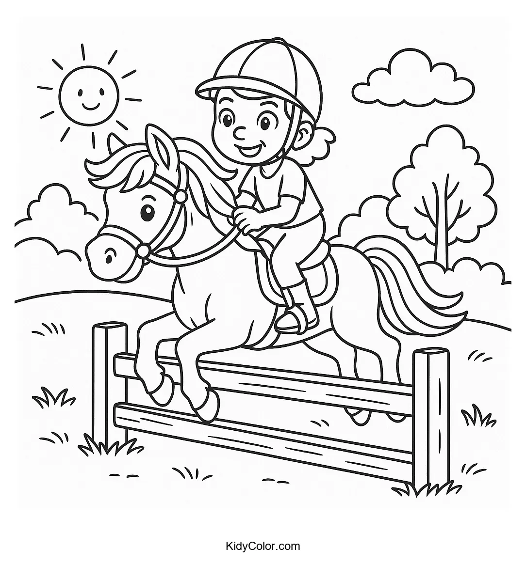 Child jumping over a countryside fence