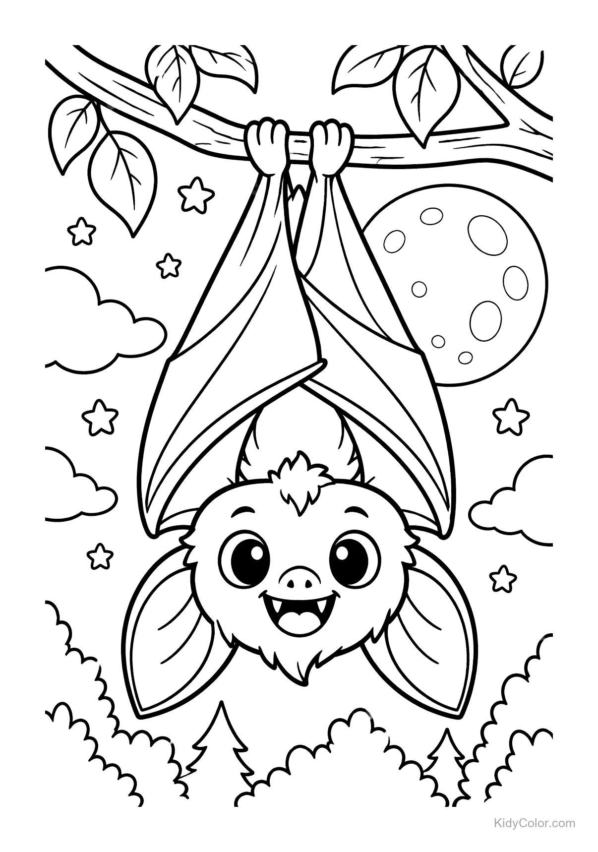 Murciélago kawaii colgado de una rama, luna al fondo.