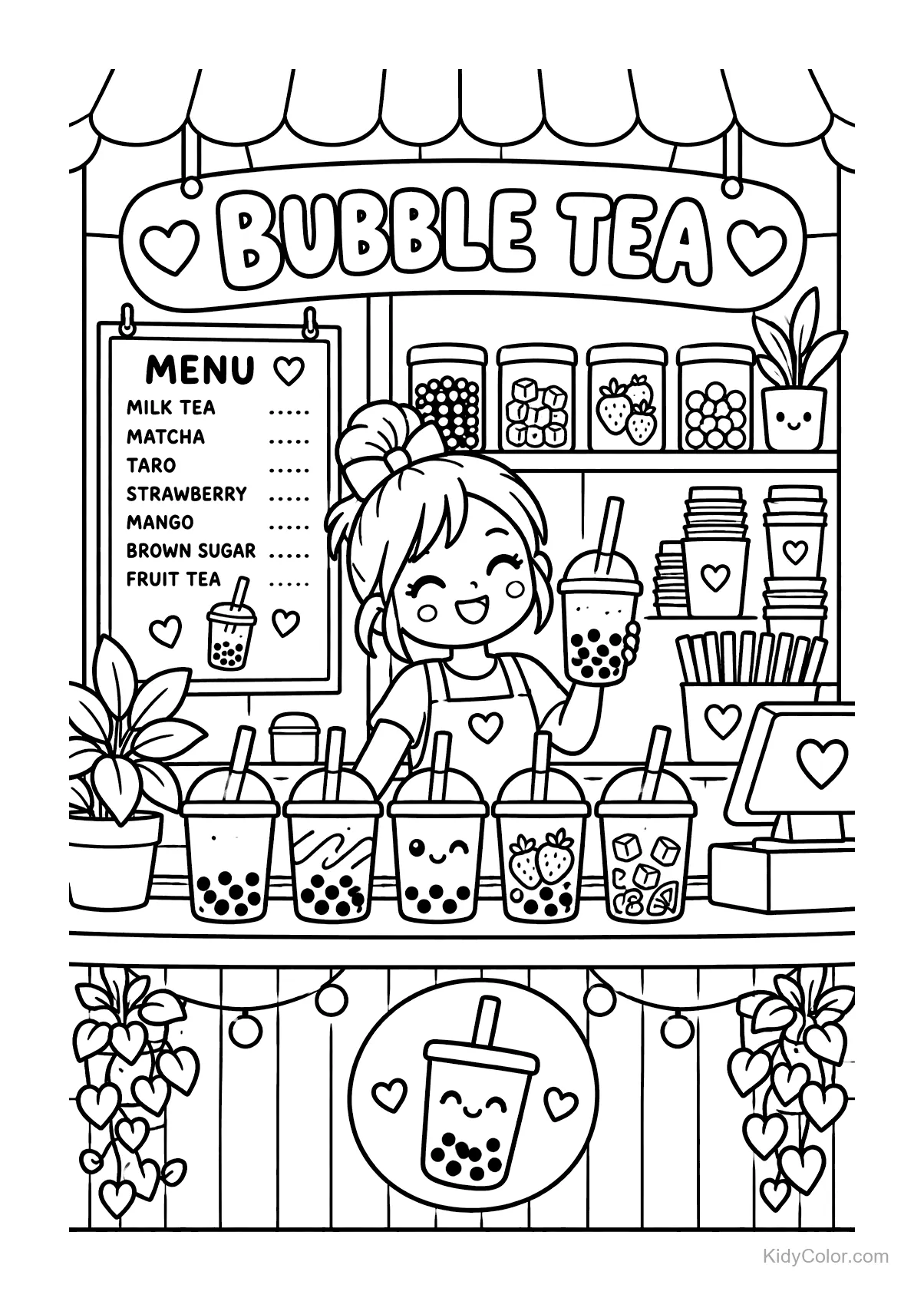 A kawaii bubble tea shop with a smiling server and drinks.