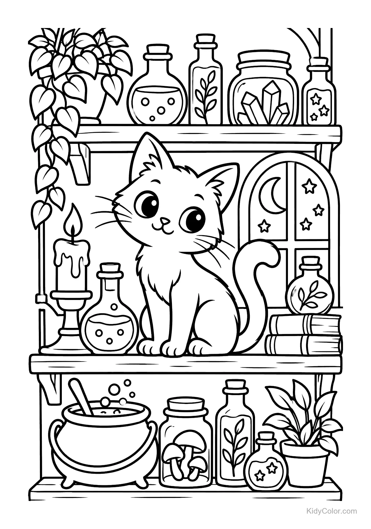 Kawaii-Katze auf Regalen mit Flaschen und Pflanzen.