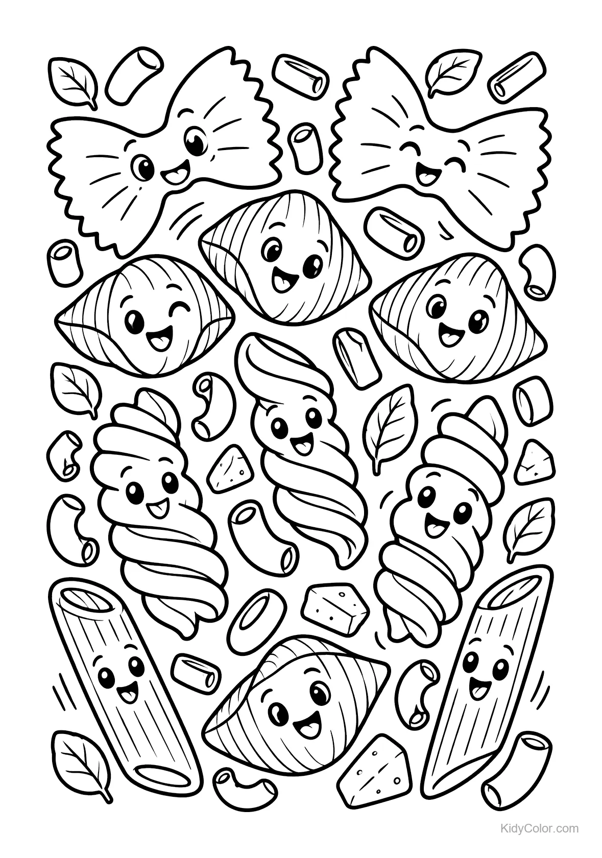 Cute pasta pieces with smiling faces and leaves.