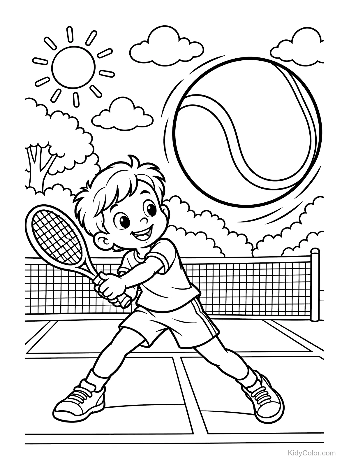 Child playing tennis with a giant ball on a court.