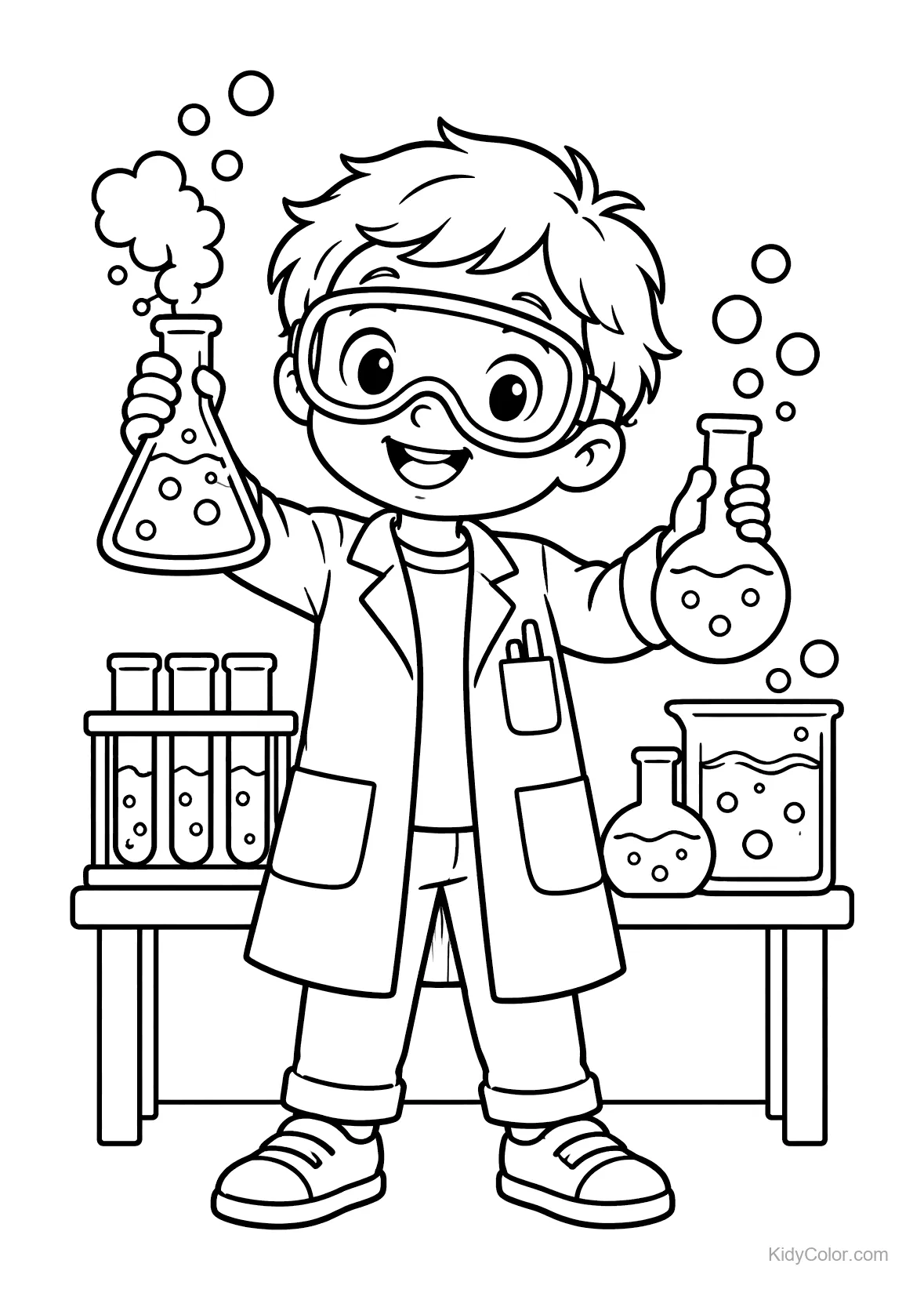 Child in a lab coat and goggles with bubbling flasks.