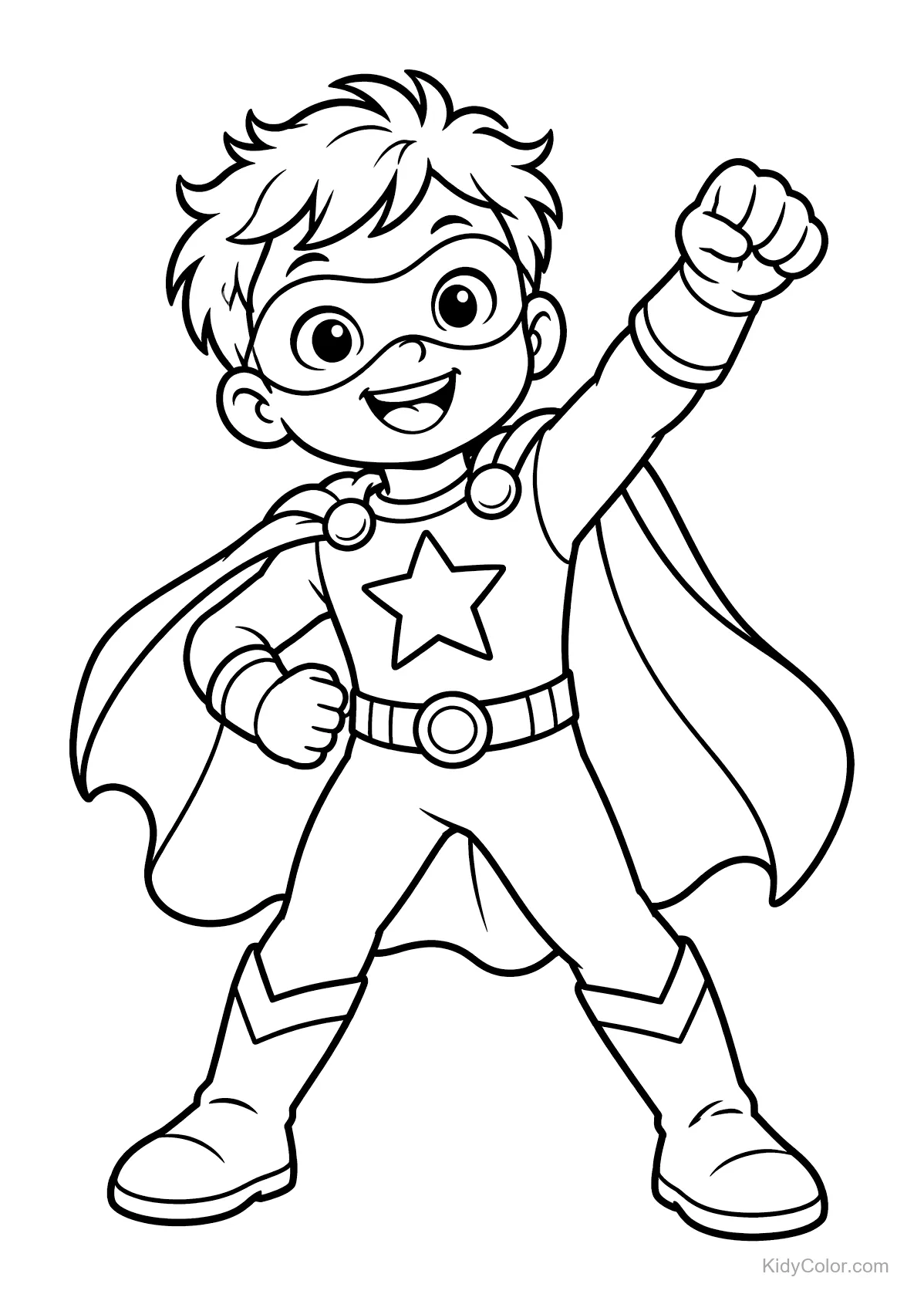 Kid superhero in power pose with cape and star emblem.