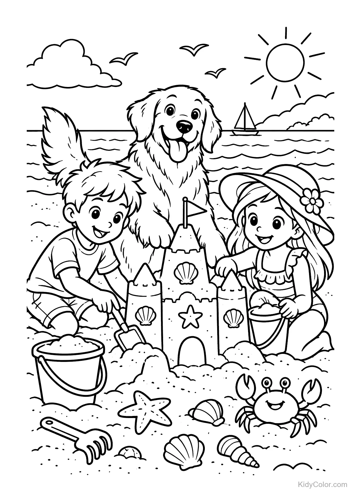 Two children and a dog building a sandcastle on the beach.